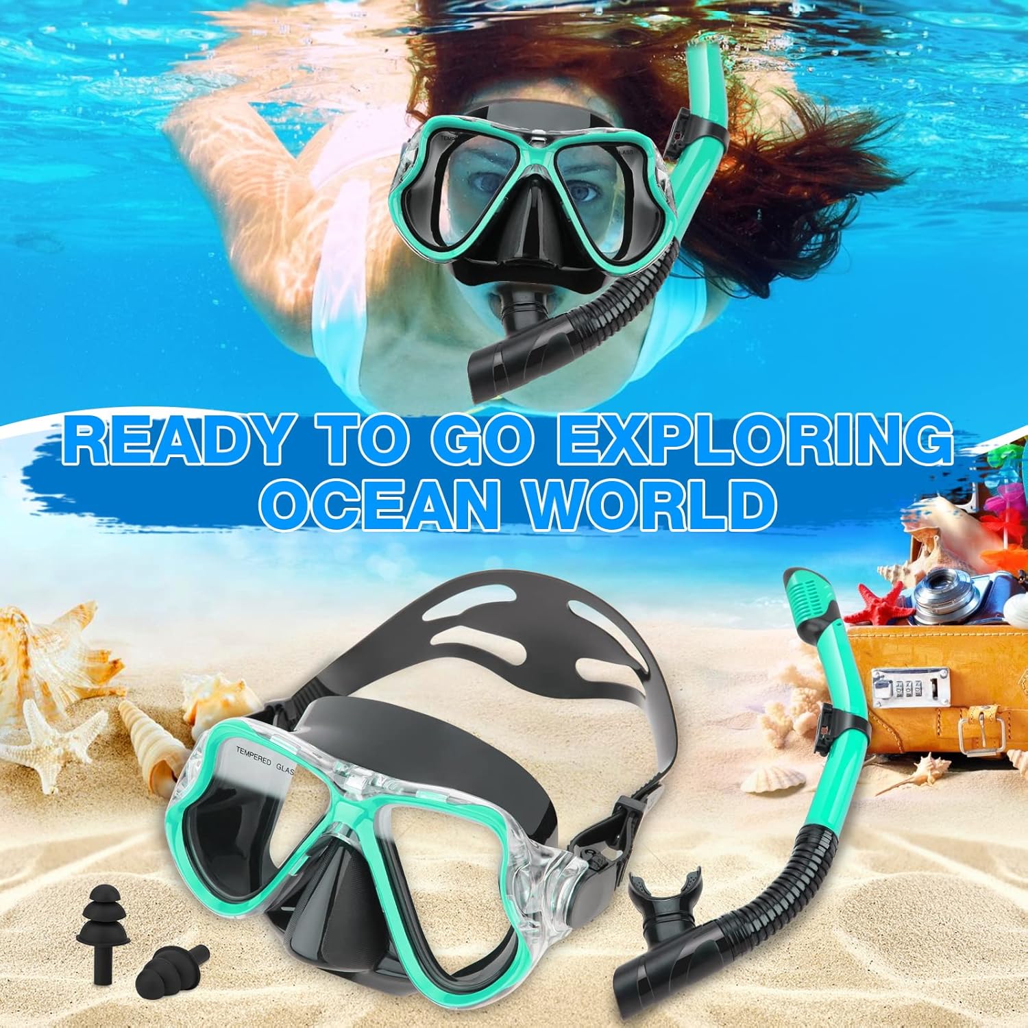 PIYAZI Snorkeling Gear for Adults Kids, Dry Snorkeling Set, Panoramic Anti-Leak and Anti-Fog Tempered Glass Lens, Adjustable Strap Snorkel Set with