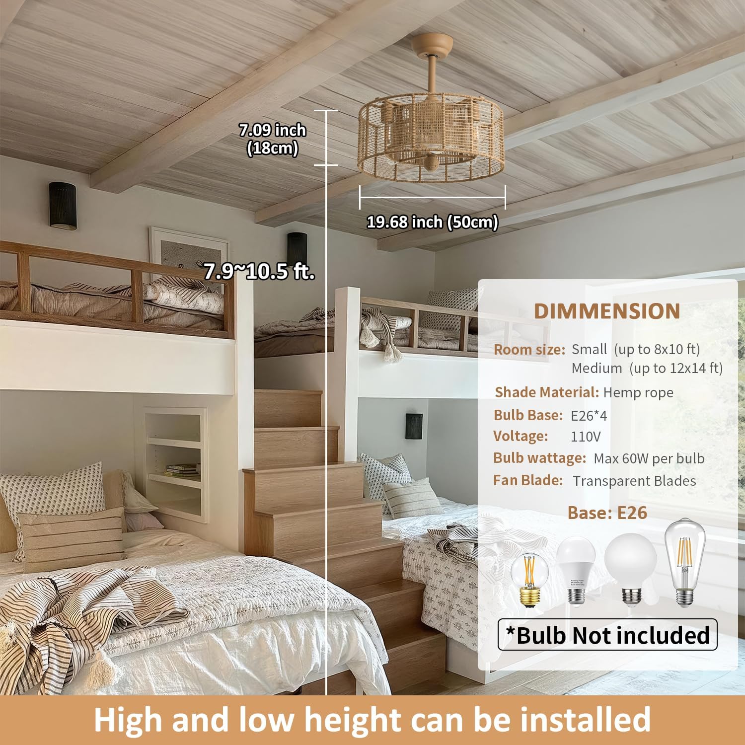 Ventilador de techo bohemio de 20 pulgadas con luces y control remoto, ventilador de techo enjaulado de ratán con luz, 6 velocidades cerradas para
