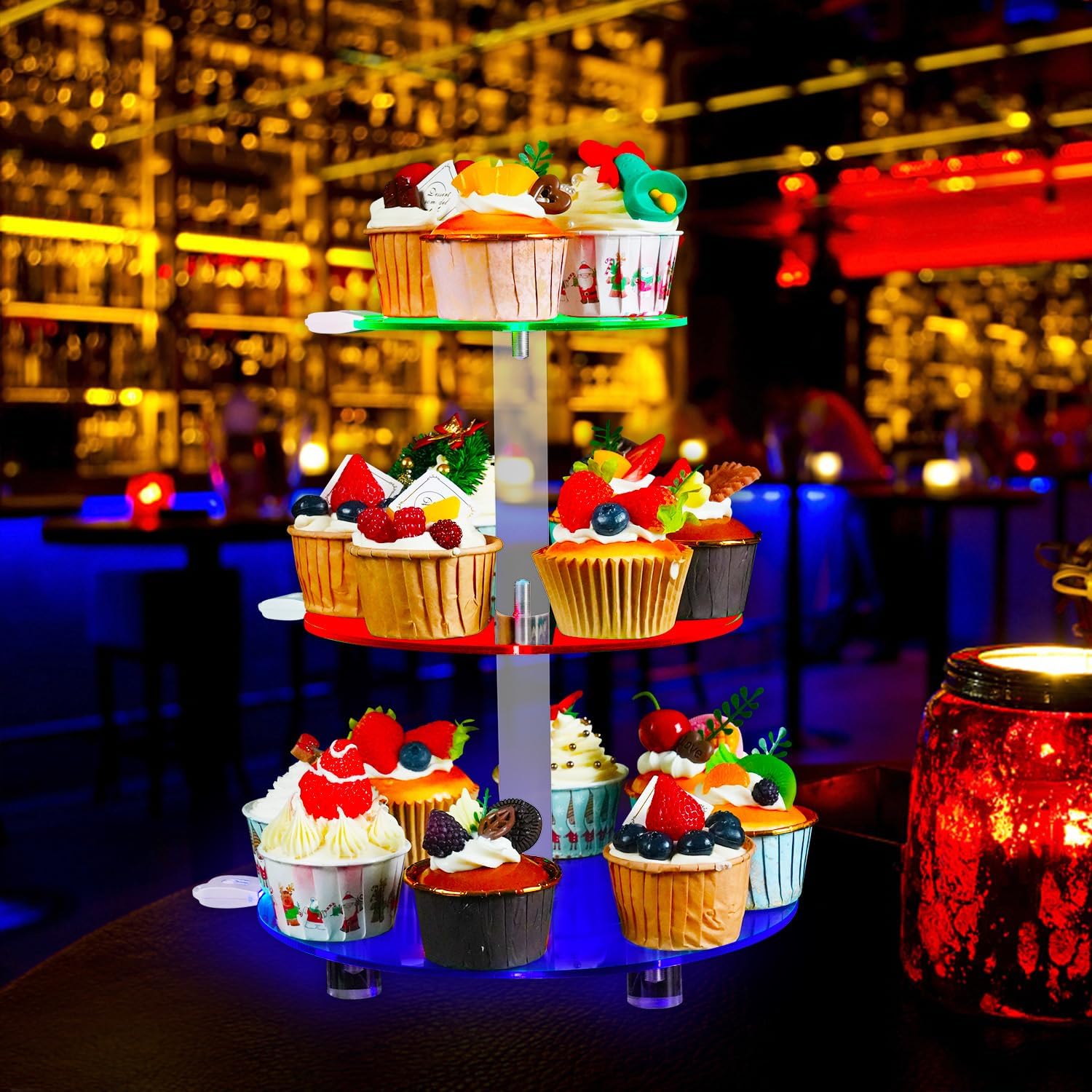OceanWings Soporte acrílico de 3 niveles para cupcakes con luz LED, colorido soporte redondo para cupcakes, torre de postres para cumpleaños, bar,