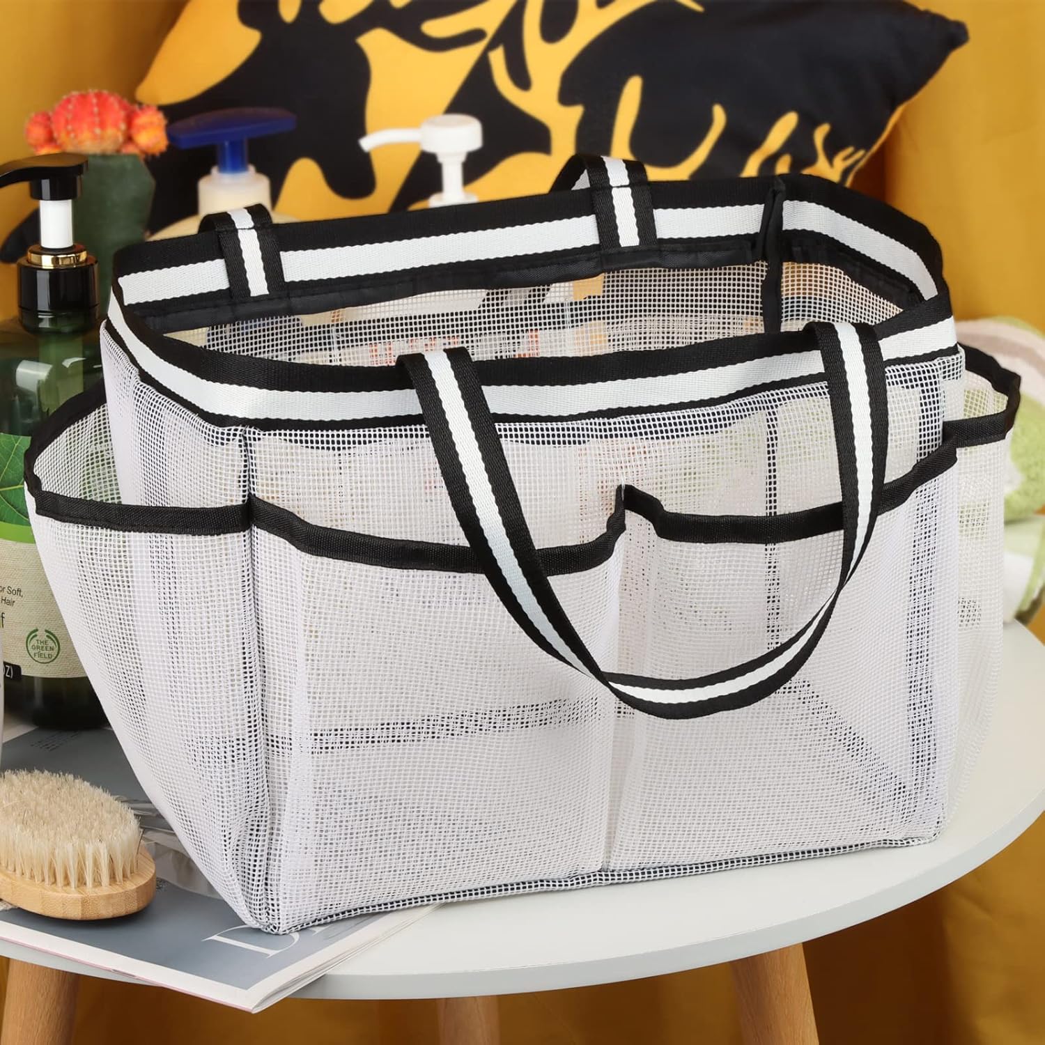 Bolsa de malla XL para ducha, grande, portátil, para dormitorio, gimnasio, campamento, baño, color blanco