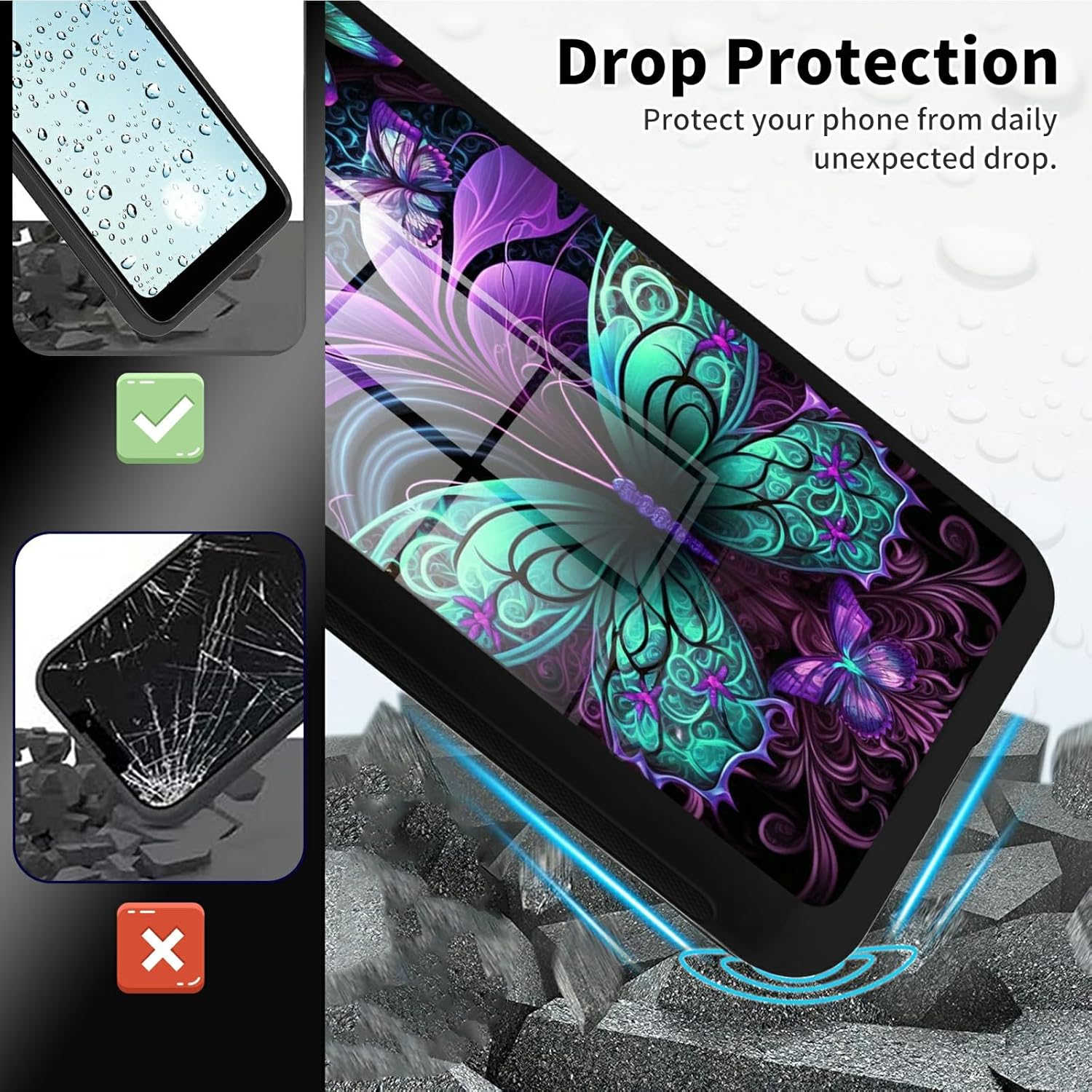 Funda para Samsung Galaxy A32 5G Galaxy A32 5G, vidrio templado, funda negra con diseño de mariposas diseñada para mujeres y hombres, funda de