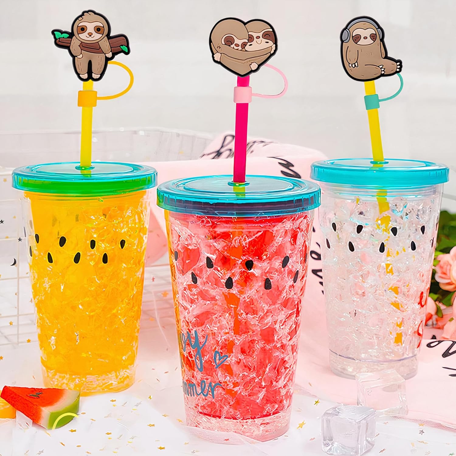 12 fundas de paja de perezoso, de animales del bosque, reutilizables, a prueba de polvo, para fiestas, vacaciones, cumpleaños, tapas de paja de