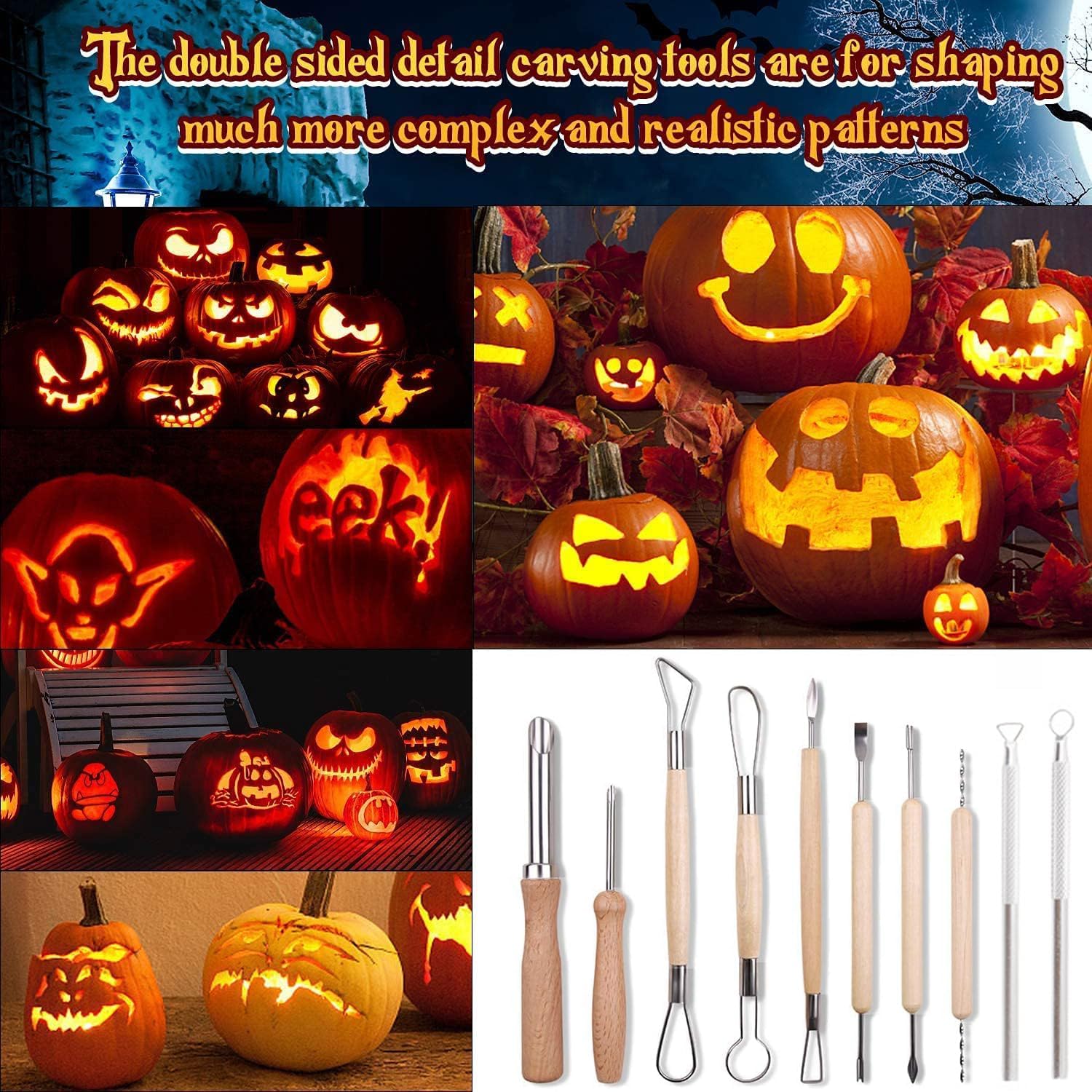 Kit de tallado de calabaza, herramientas de Halloween, juego profesional de tallado de 15 piezas, acero inoxidable de doble cara, herramienta de