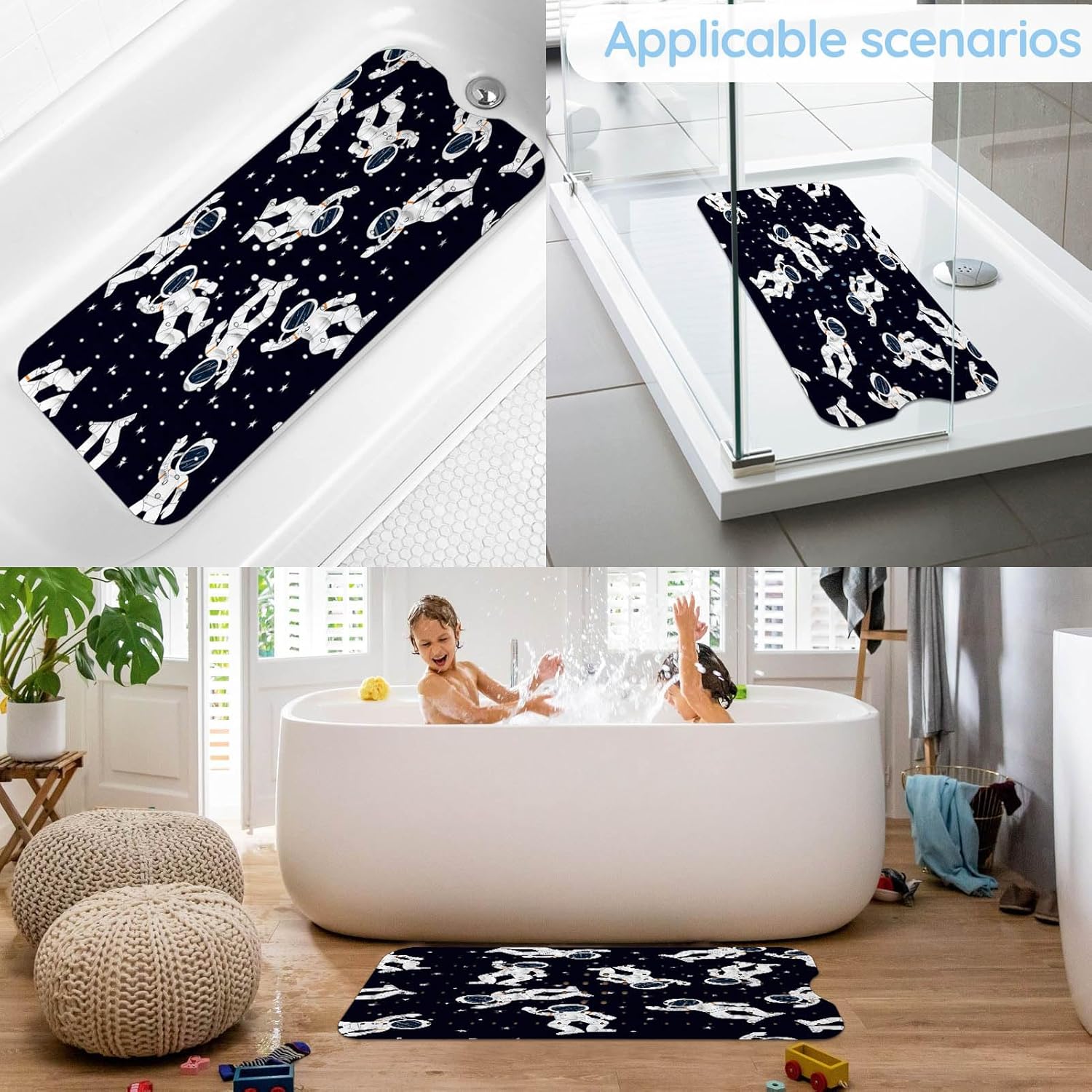 KINUUIS Tapetes de bañera para niños, tapete de baño de astronauta negro antideslizante para bañera de 40 x 16 pulgadas, grande, lavable,