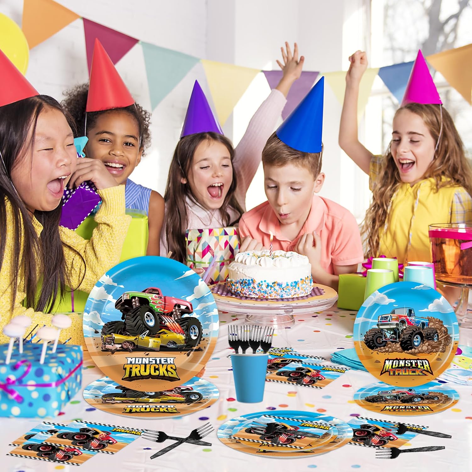 96 piezas de platos y servilletas Monster Truck decoraciones de cumpleaños Monster Truck suministros de fiesta Monster Truck recuerdos de fiesta de