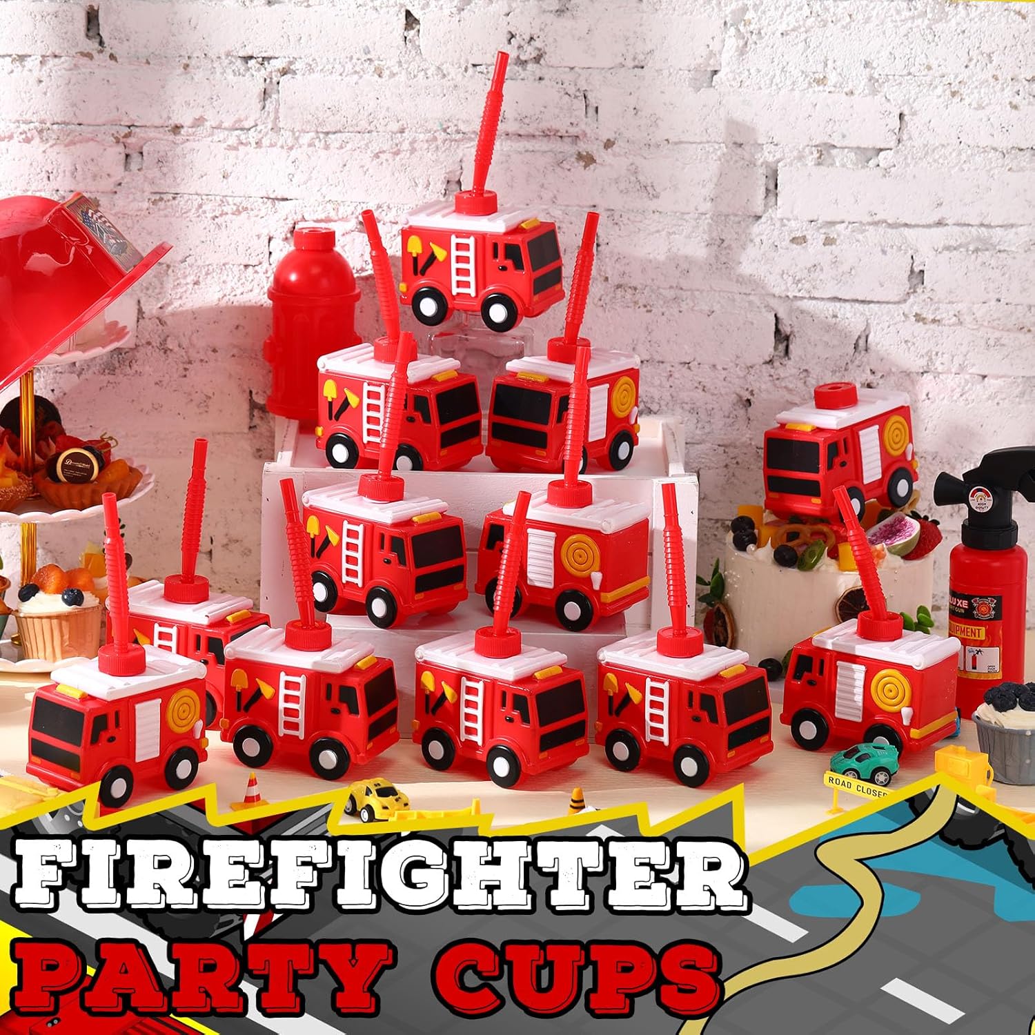 12 juegos de suministros de regalo de fiesta de bomberos, tazas de camión de bomberos con pajitas, taza de plástico con forma de camión de bomberos,