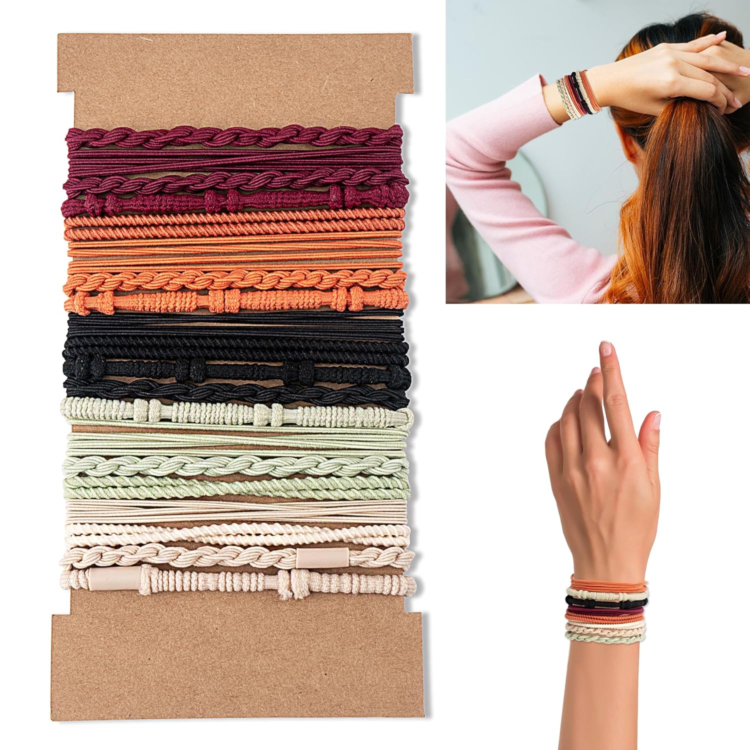 20 pulseras para el cabello, 5 estilos bohemios para mujer, bandas para el cabello para colas de caballo, buena pulsera elástica de doble uso y