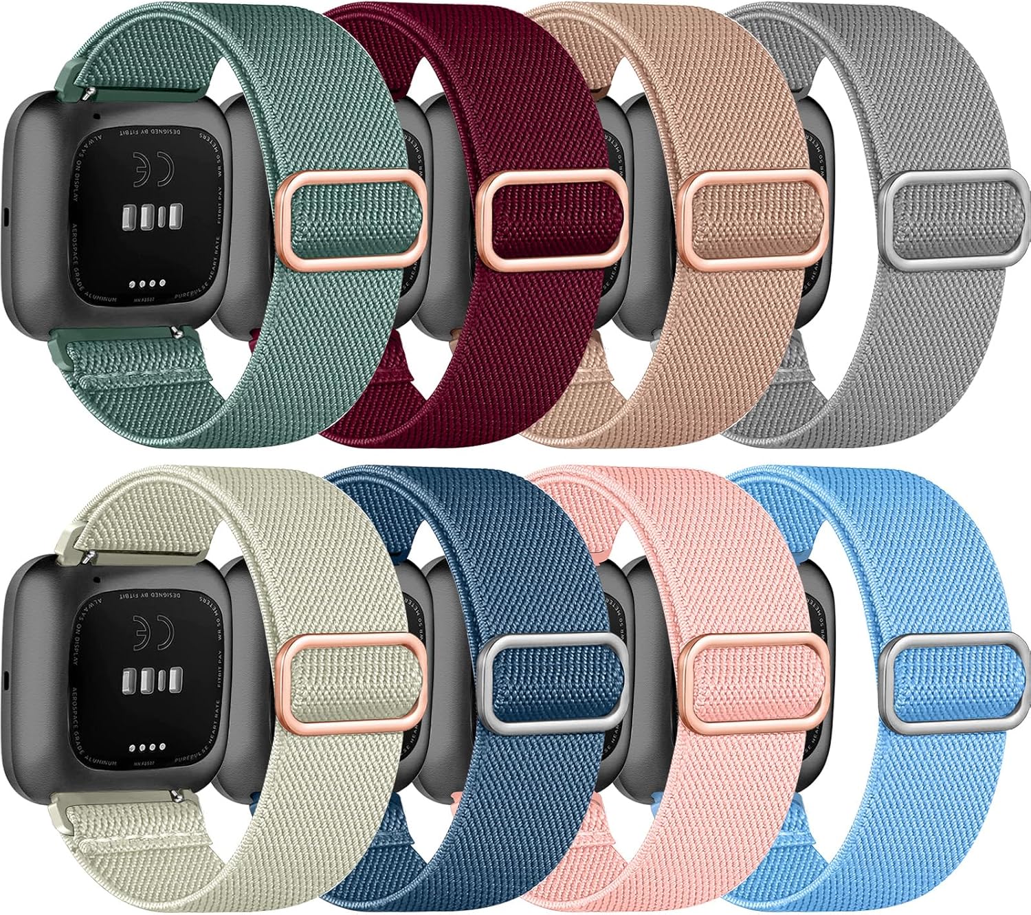 Paquete de 8 bandas elásticas compatibles con Fitbit Versa 2VersaVersa LiteVersa SE para mujeres y hombres, correa trenzada de nailon elástico