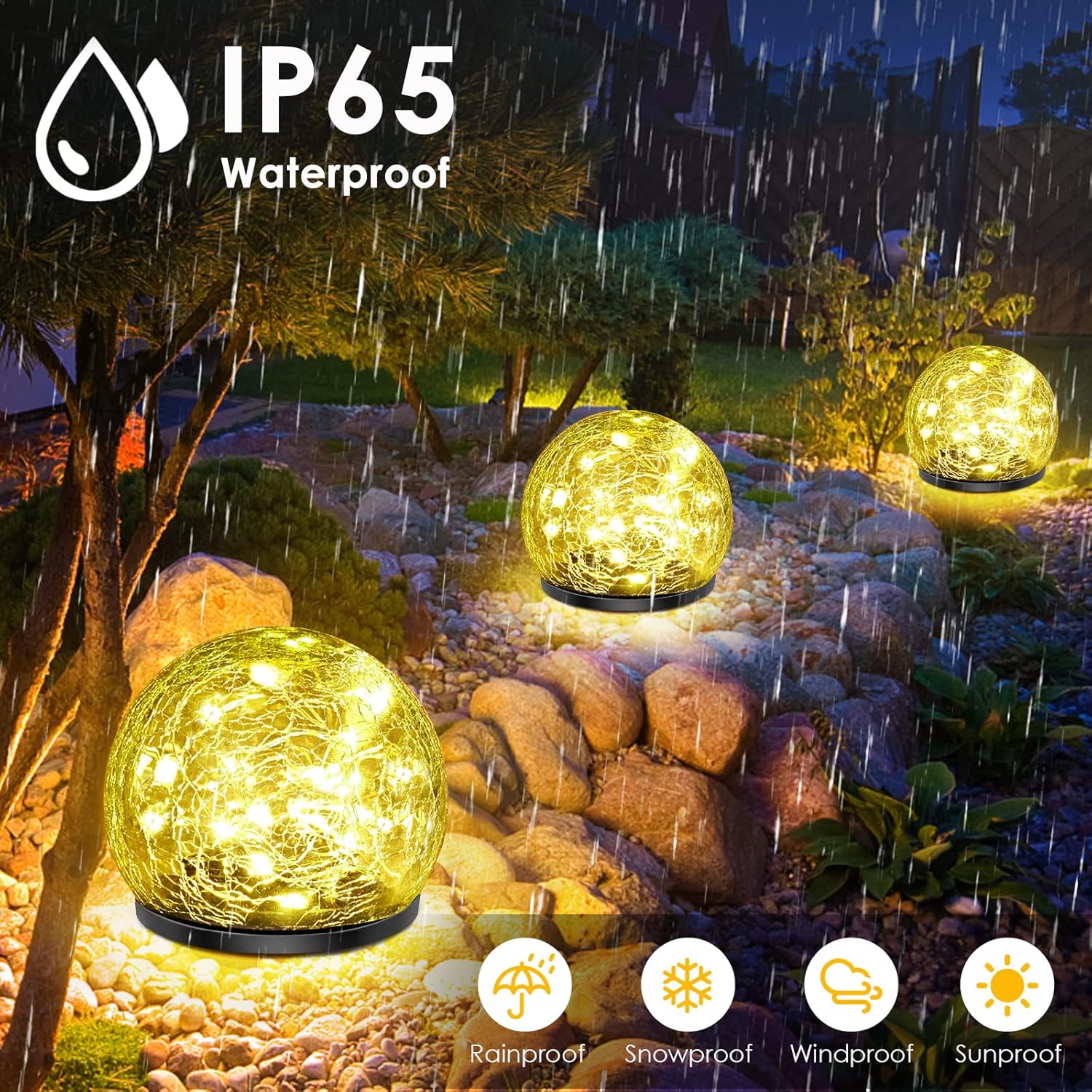Luces solares de jardín, luces solares de vidrio agrietado cálido, luces LED de bola LED blancas cálidas mejoradas para patio, camino, patio,