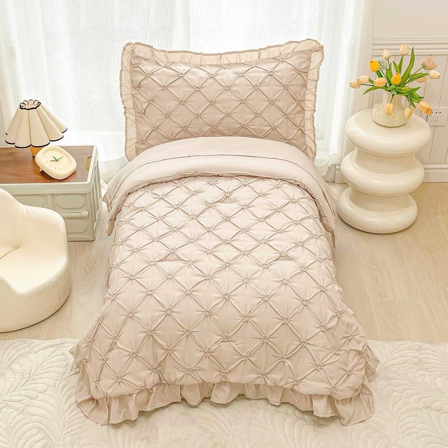 Juego de ropa de cama para niñas pequeñas de 4 piezas, color beige, plisado, con volantes, flecos, juego de sábanas para cuna, juego de sábanas para