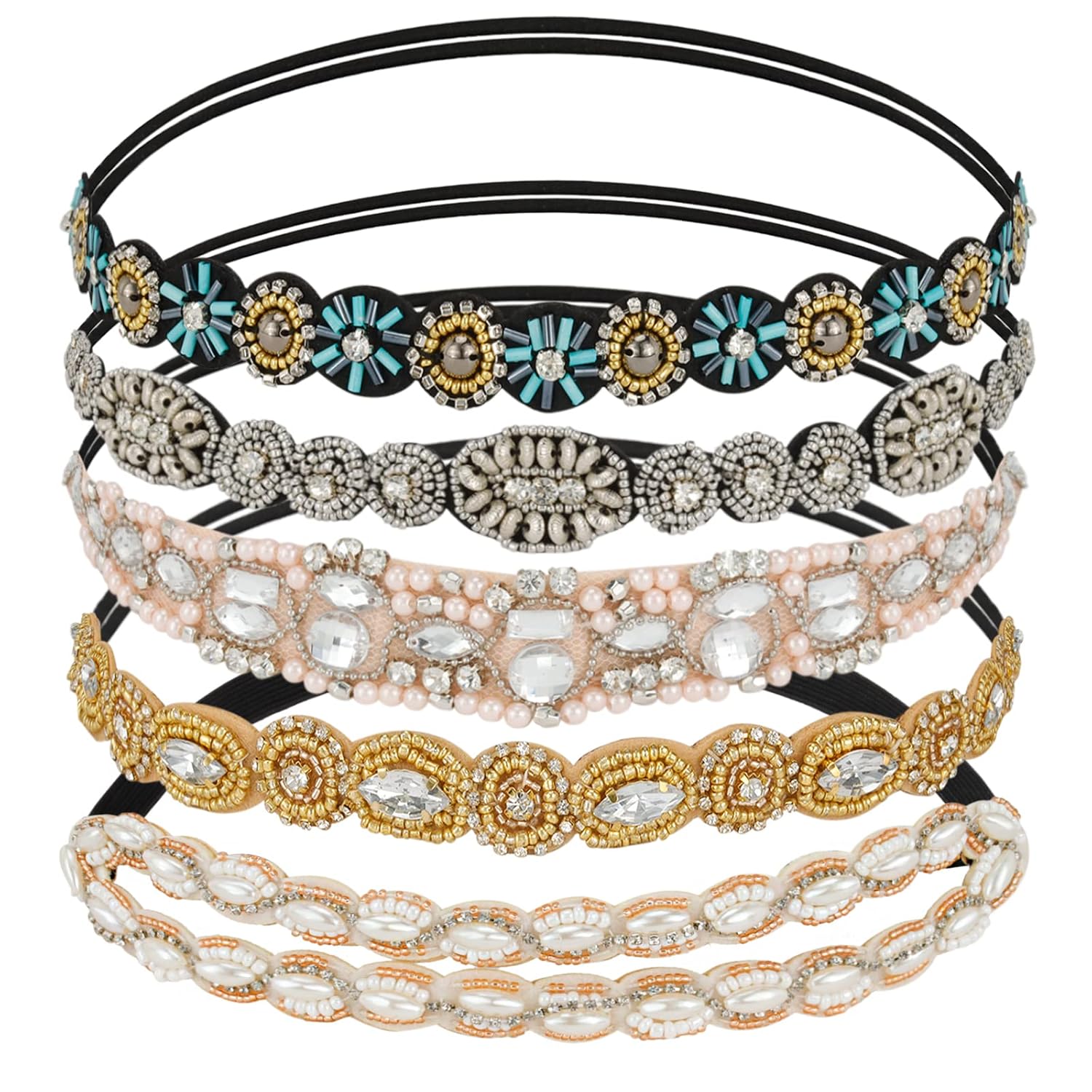 AMCAMI 5 diademas de cuentas con perlas y diamantes de imitación para mujer, bandas para la cabeza con cuentas brillantes, diademas hippie para