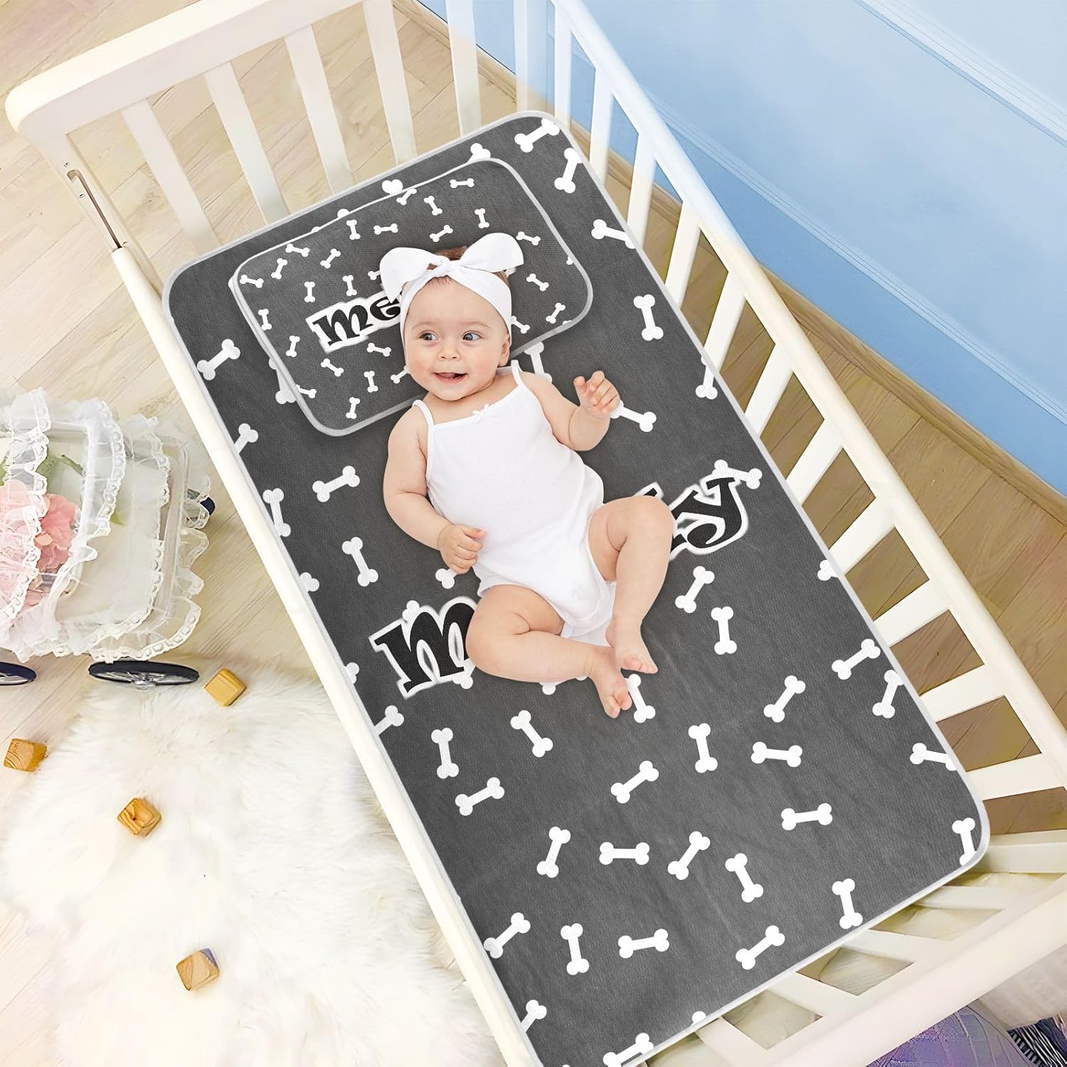 Custom Dog Bone Crib Mattress Protector Pad for Boys Girls Baby Ice Silk Mat Bed Toddler Mattress Pad Cooling Mattress Topper for Crib Mattress, 52″