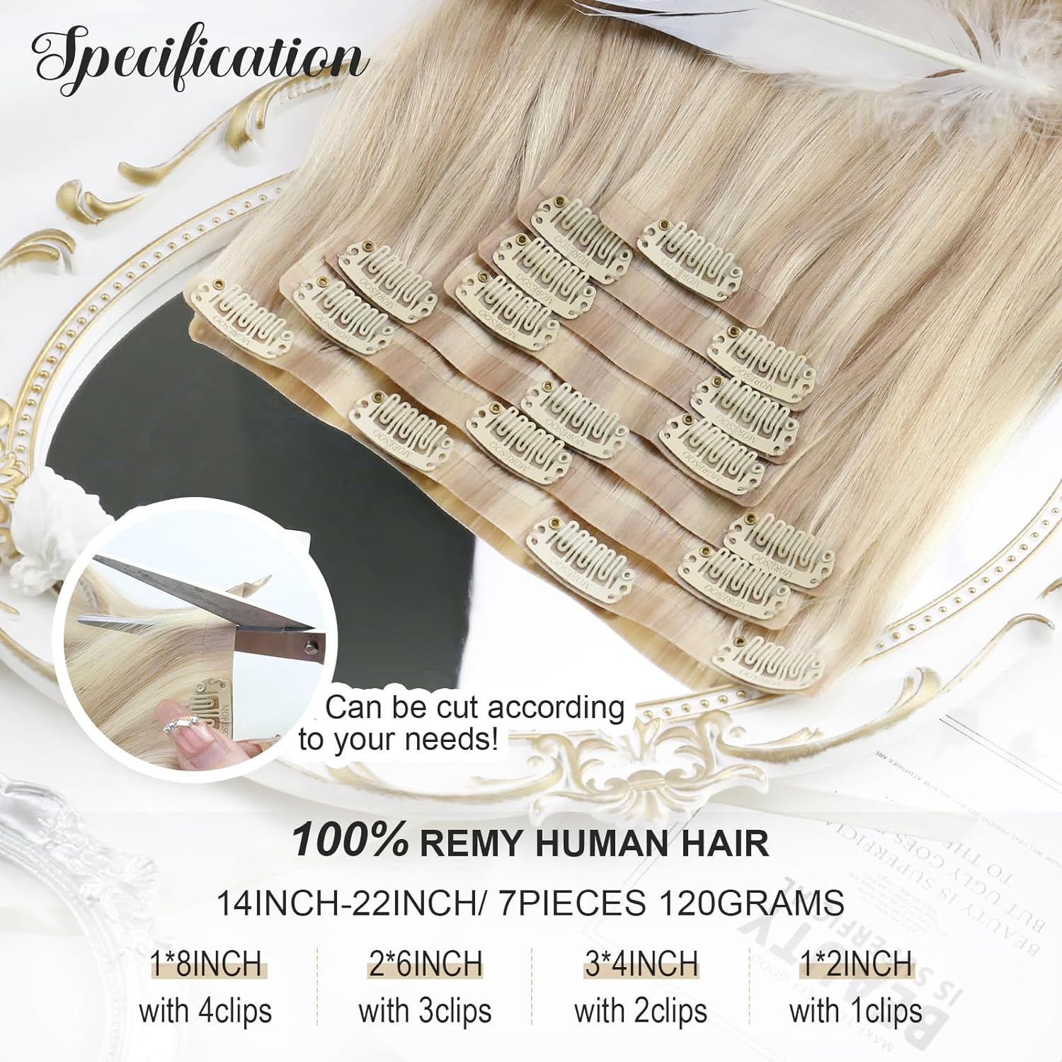 Moresoo Extensiones de cabello humano con clip, sin costuras, color rubio ceniza con reflejos rubios, extensiones de cabello humano real Remy con
