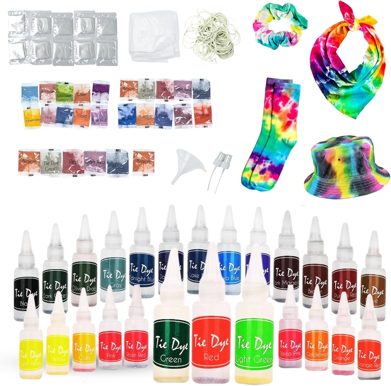 Kit de teñido anudado para niños y adultos, juego de teñido anudado con 26 polvos de teñido anudado, botellas de teñido anudado de 1.2 fl oz, bandas