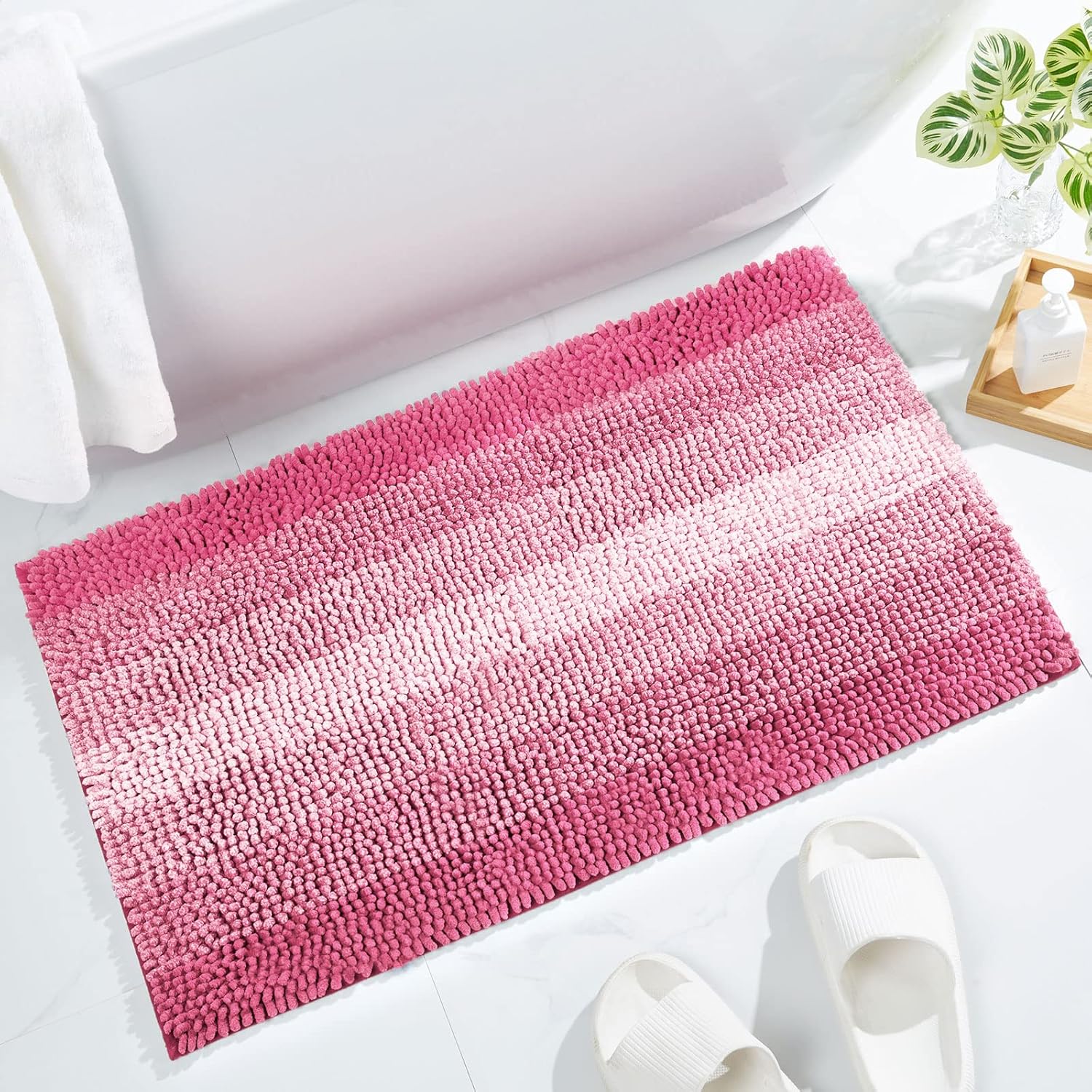 Gibelle Tapetes de baño rosados, tapetes de baño de felpilla de lujo, tapetes pequeños antideslizantes para ducha y baño, lavables a máquina, de