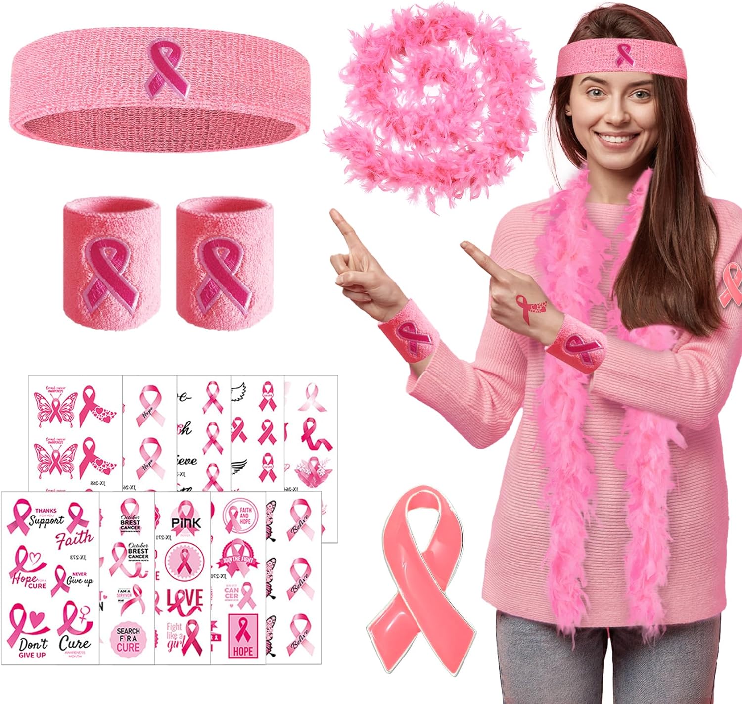 77 piezas de accesorios de concientización sobre el cáncer de mama, pines de cinta, pulseras de cáncer de mama, cuello de plumas de pavo, pin de
