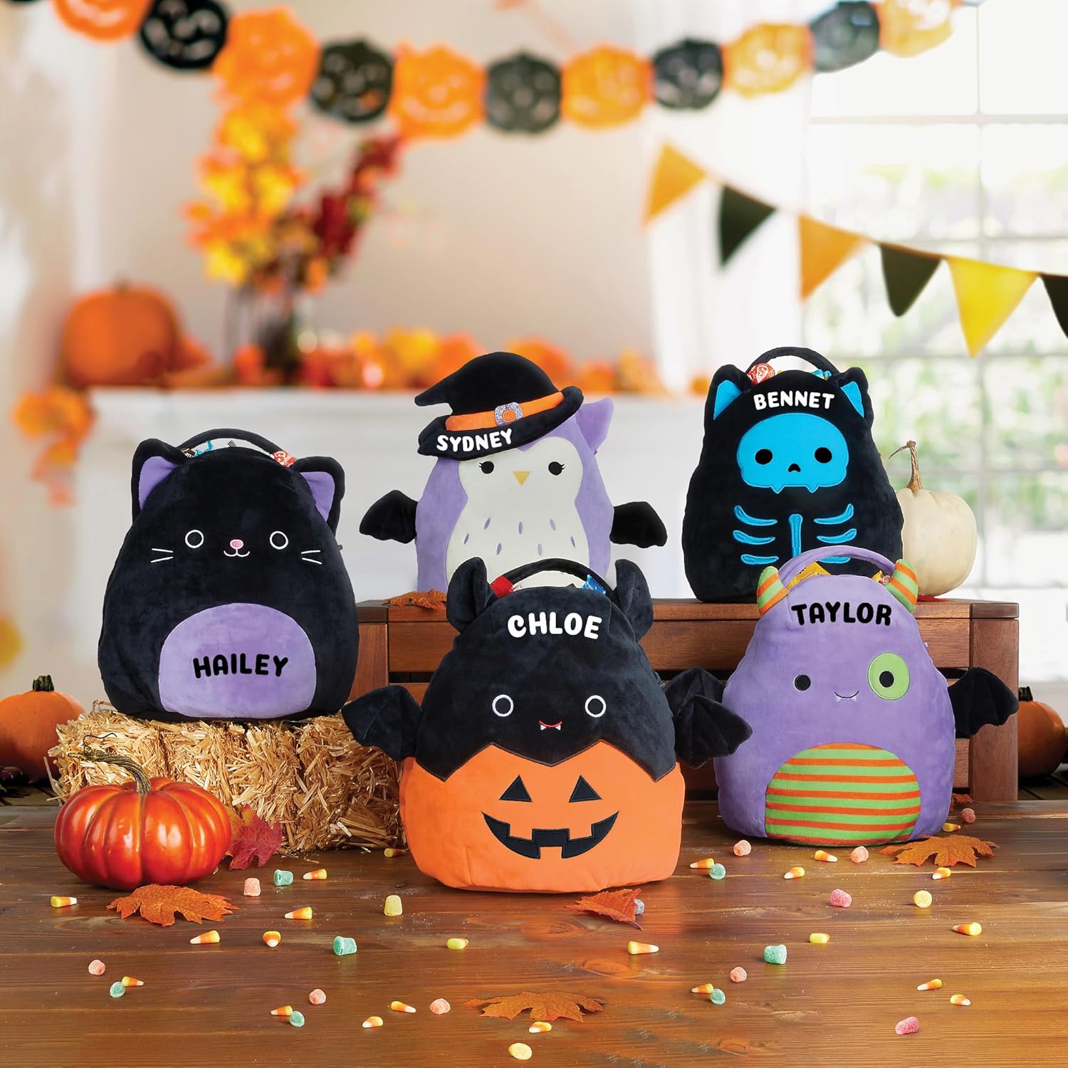 Bolsa de dulces personalizada de Stump the Skeleton Cat Halloween Squishmallow Trick or Treat  Nombre personalizado en la cesta de dulces de felpa