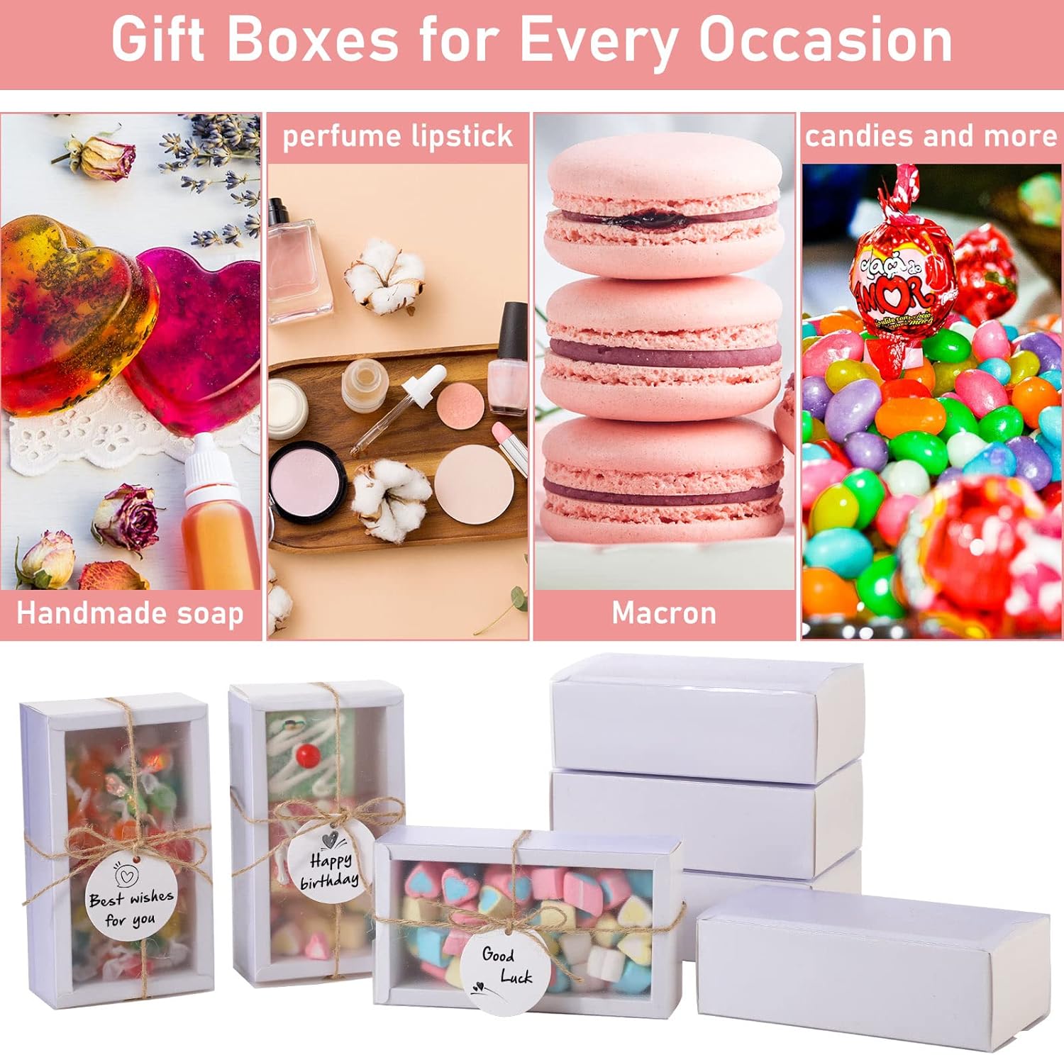 Roowest 50 juegos de cajas de regalo de estraza rectangulares de papel kraft con ventana, caja de jabón casera con etiquetas en blanco y cuerda de