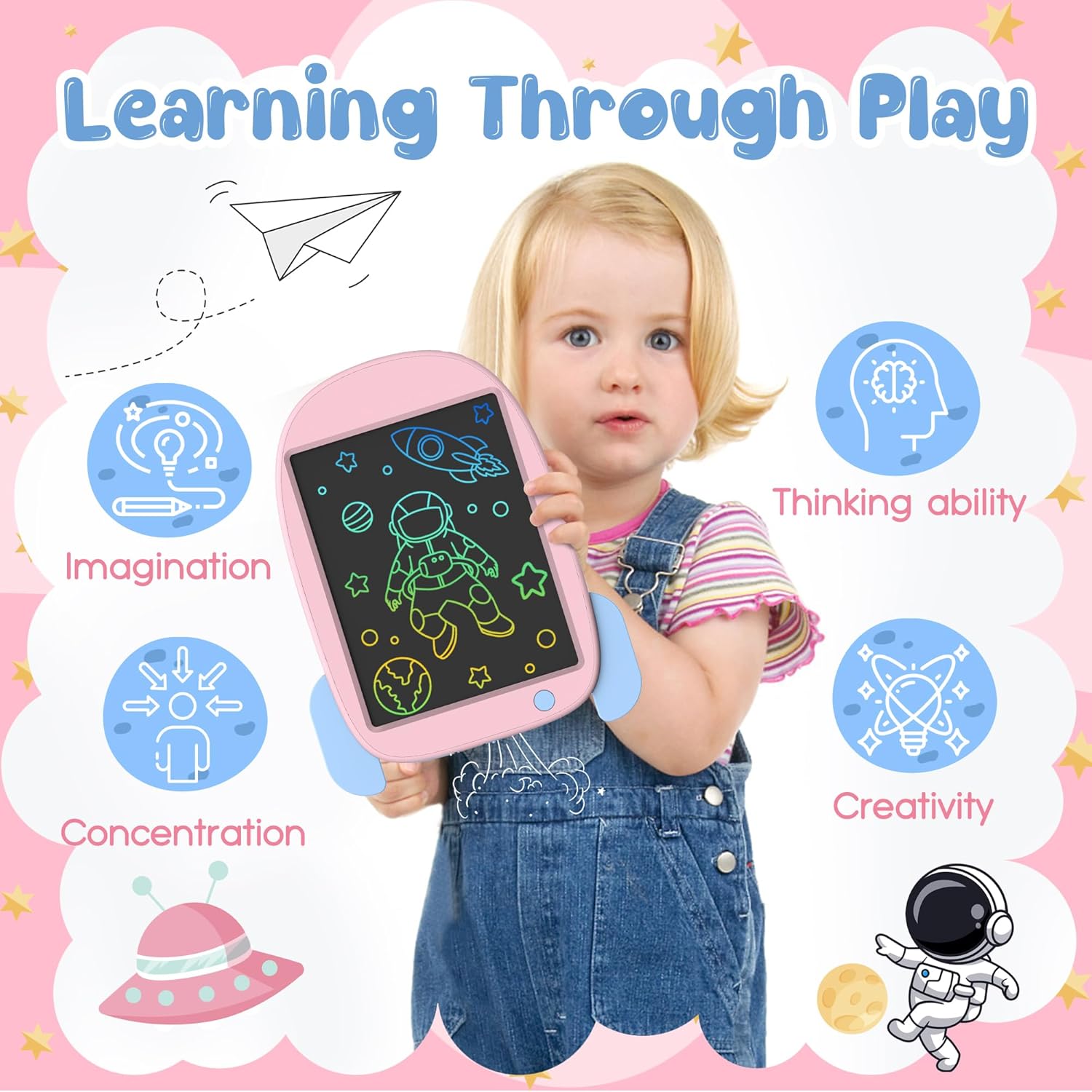Hockvill Tableta de escritura LCD para niños, juguete de aprendizaje, almohadilla de dibujo de cohetes para niñas de 3, 4, 5, 6, 7, 8 años, tablero