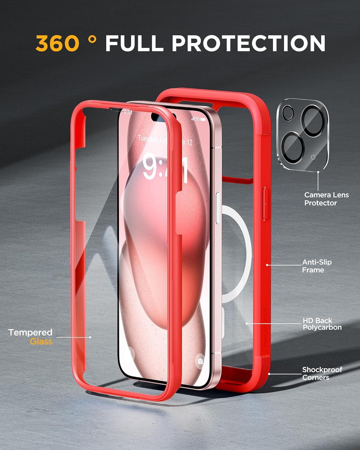 Miracase Glass Series – Funda para iPhone 15 compatible con MagSafe Funda magnética de cuerpo completo con protector de pantalla integrado de vidrio