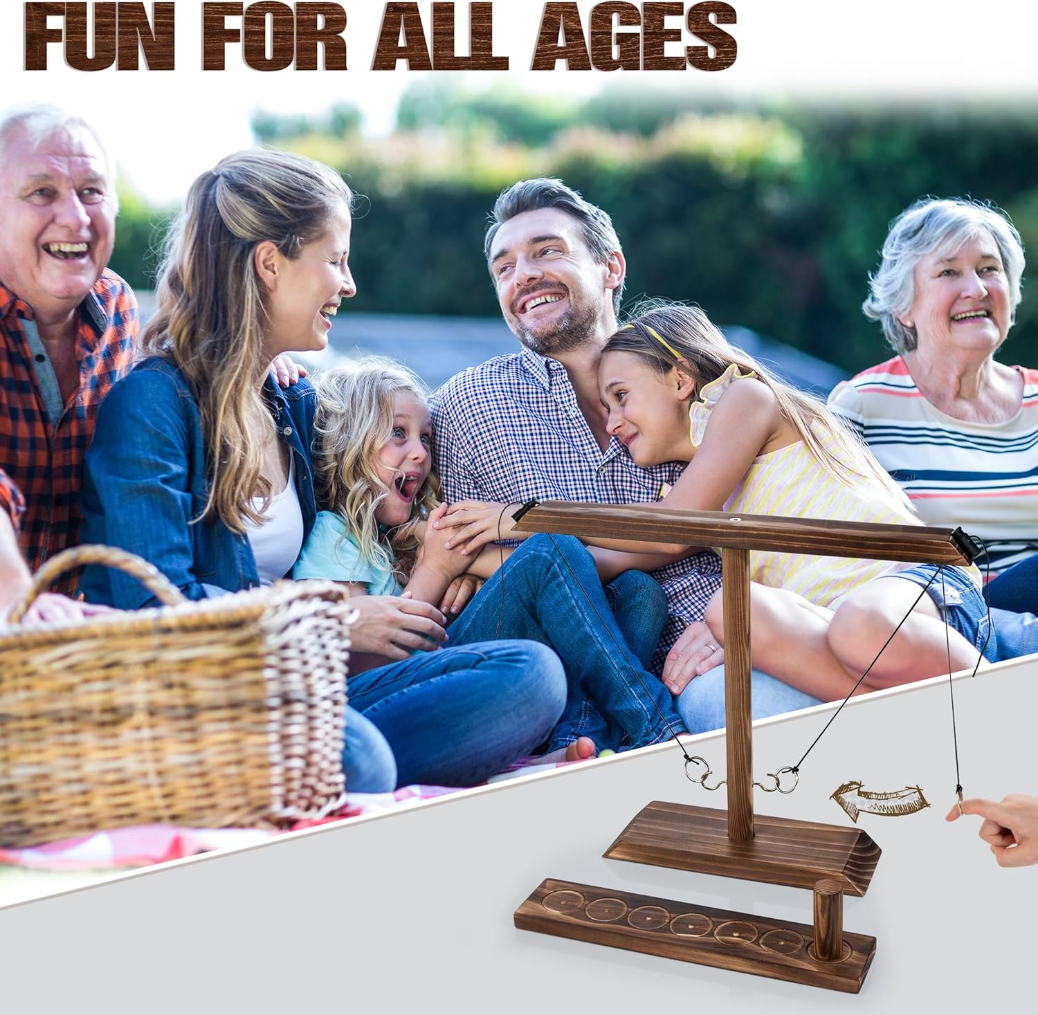 AMAWOOD Juego de lanzamiento de anillos grandes para adultos y niños, juego de gancho y anillo hecho a mano con líder de tiro, juegos de patio para
