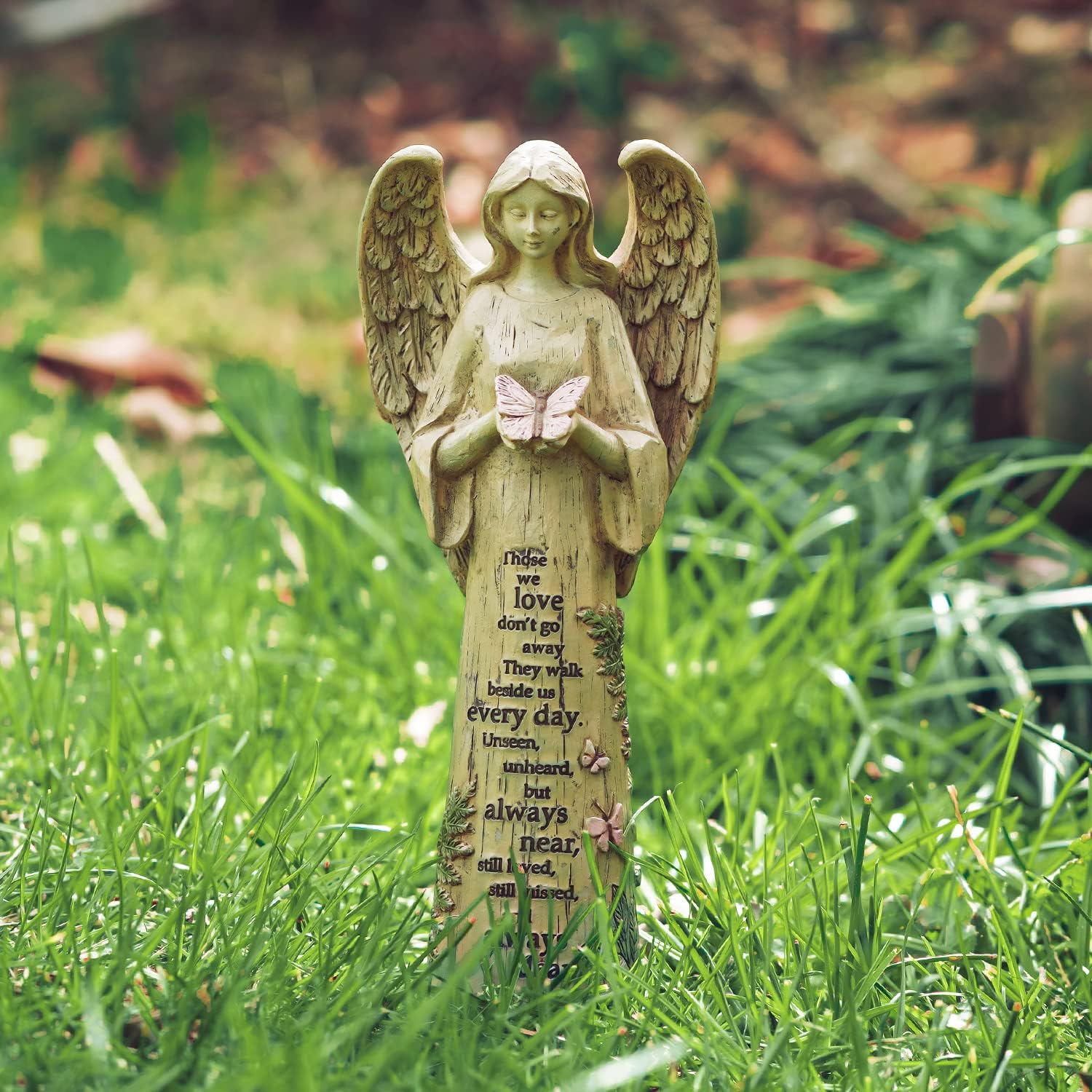 DUSVALLY Estatua de ángel de resina de 10 pulgadas de alto con pájaro, figura de ángel de jardín, decoración al aire libre, escultura de jardín de
