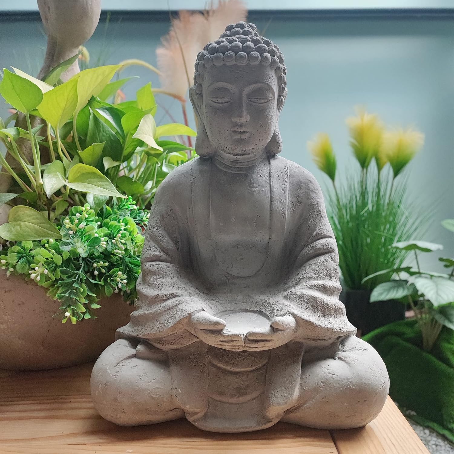 Kante Adorno de estatua de Buda meditadora compuesta de cemento de 14.17 pulgadas de alto, decoración de mesa de hormigón natural para interiores y