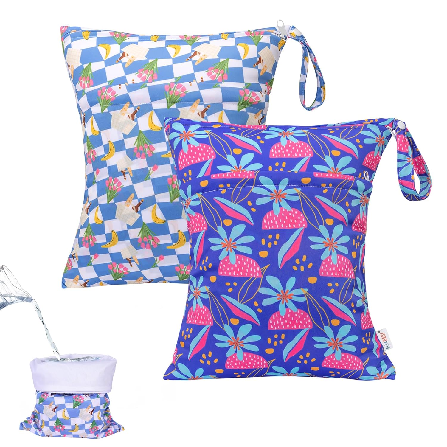 ALVABABY 2 bolsas impermeables para seco y húmedo, reutilizables con dos bolsillos con cremallera, bolsas húmedas para pañales de bebé, viajes,