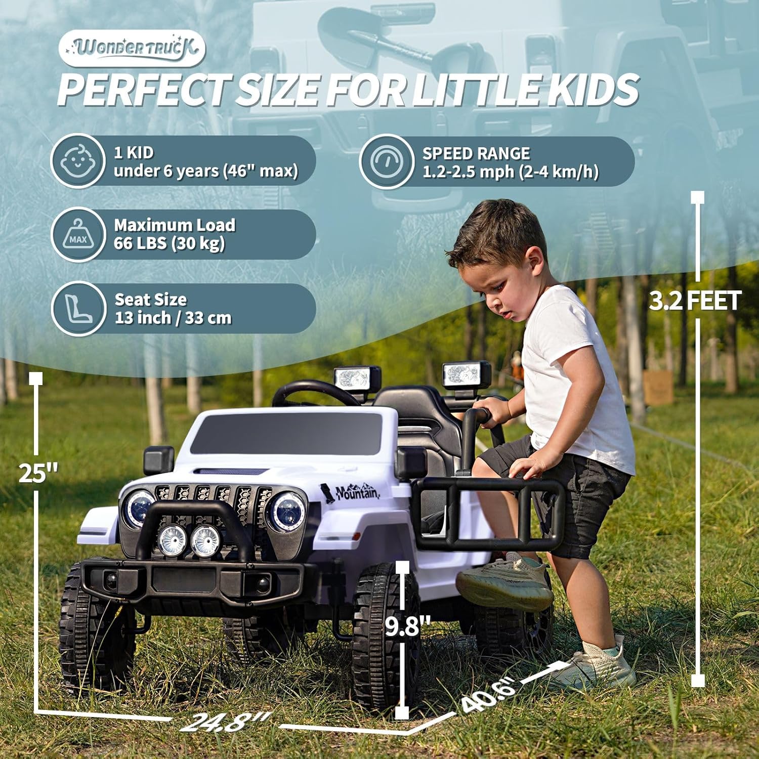 Joywhale Vehículo eléctrico motorizado para niños de 12 V, con control remoto, suspensión de 4 ruedas, luces LED, música y FM, cinturón de