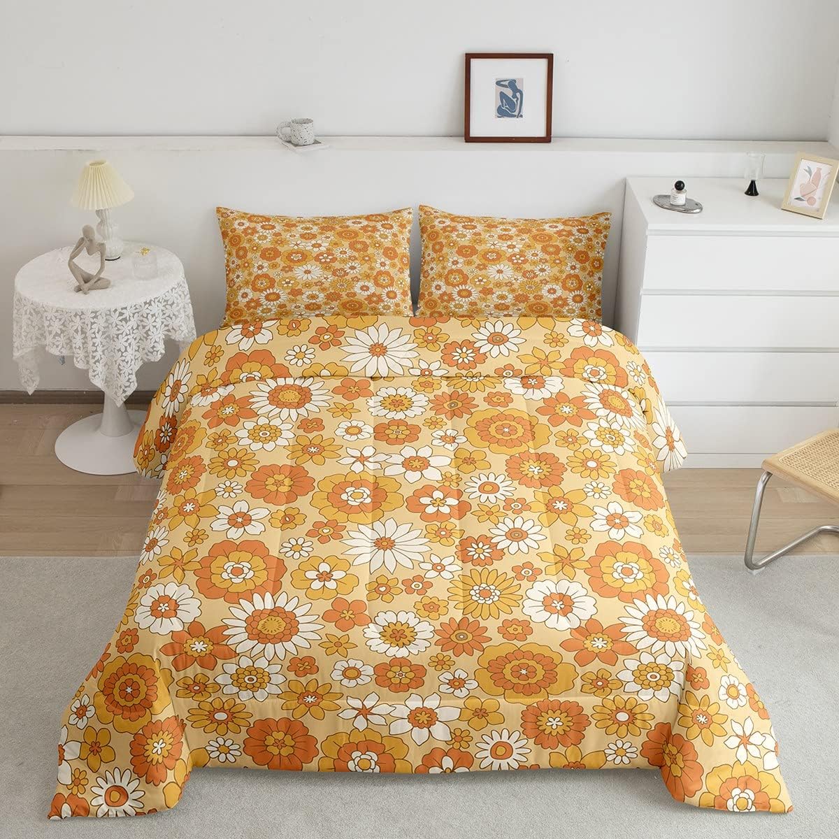Erosebridal Juego de ropa de cama retro floral de los años 60 y 70, tamaño individual, color beige y blanco, edredón de plumón hippie colorido para