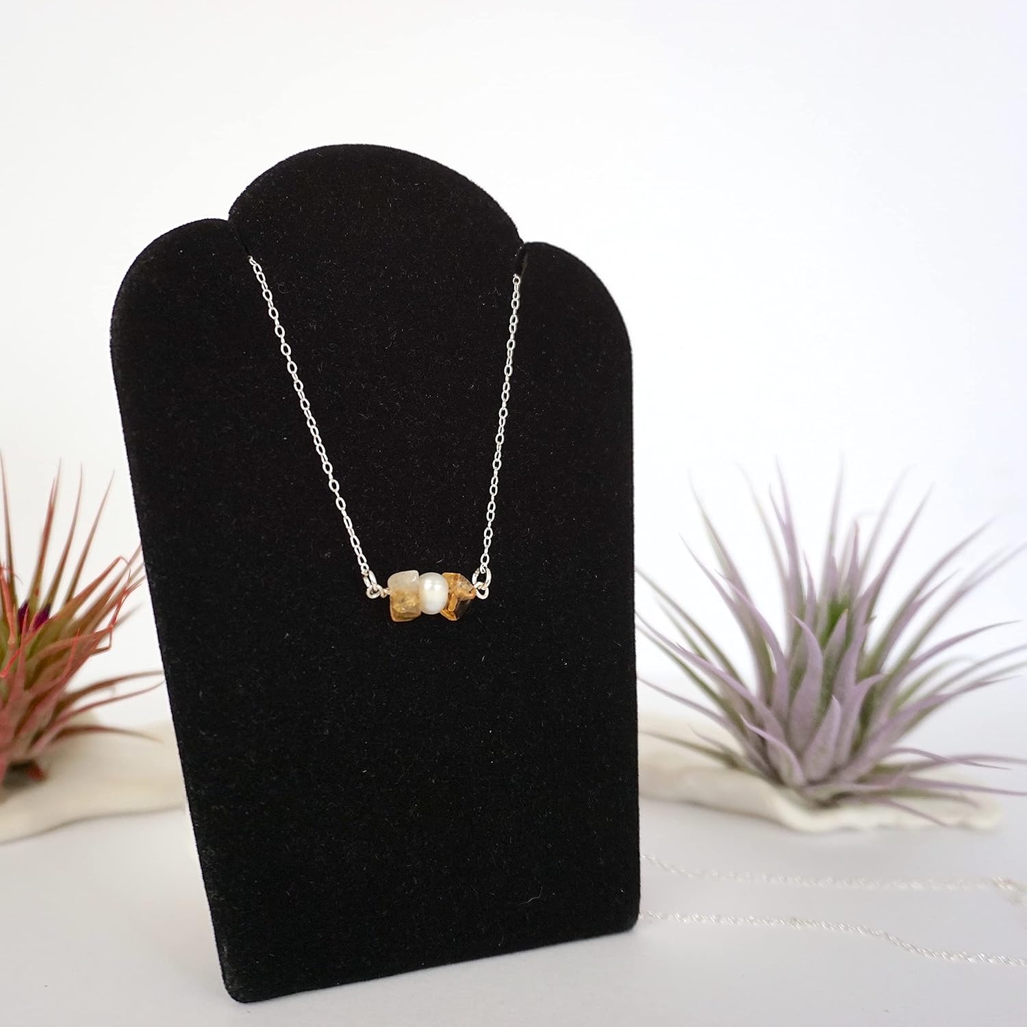 Designs by Nature Gems Handmade Womens Citrine & Pearl Charm Necklace 20-22 inch Adjustable Chain Sterling Silver, February & June Birthstone