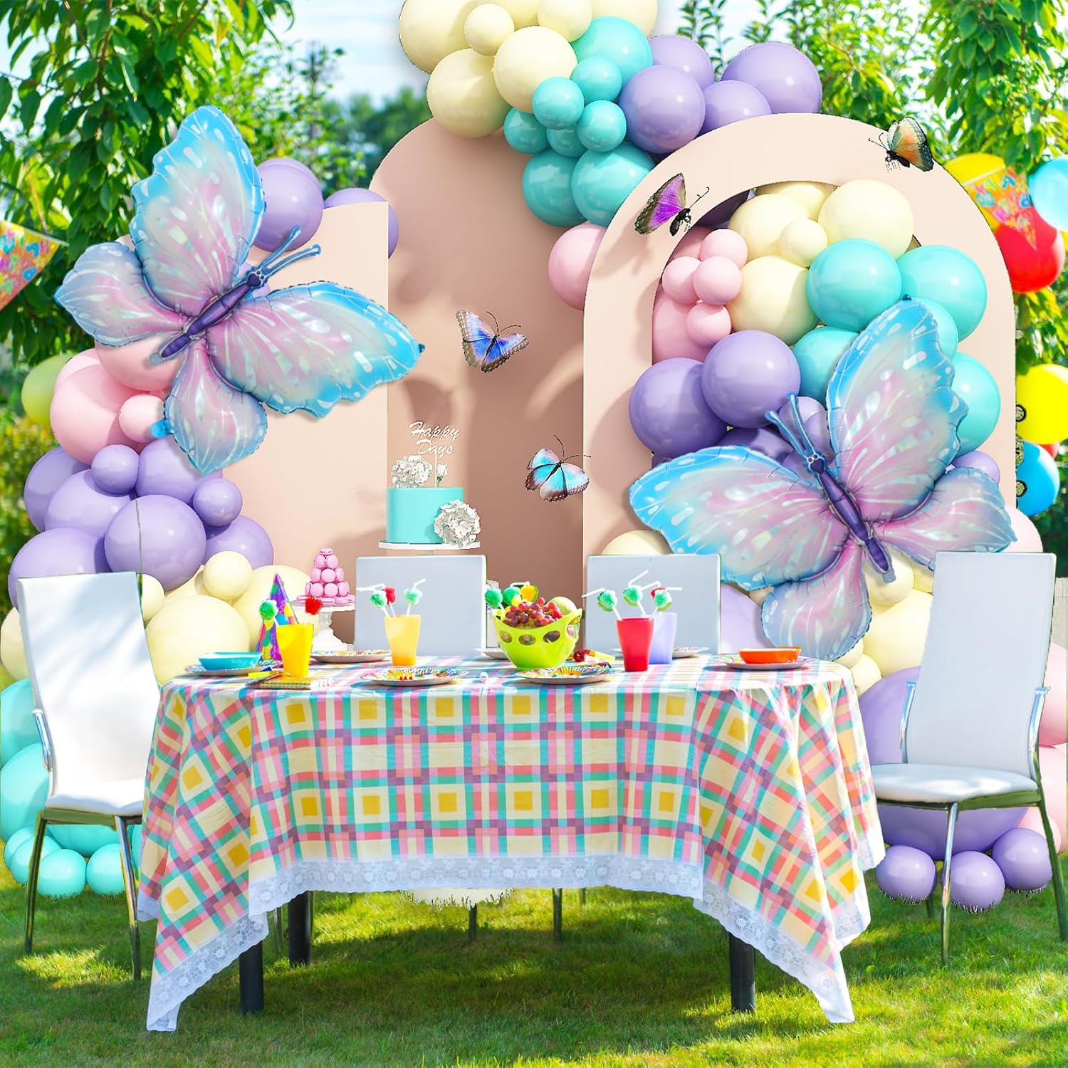 Kit de arco de guirnalda de globos de mariposa, 120 piezas de arco de guirnalda de globos morados, rosas y azules con 2 globos de aluminio de