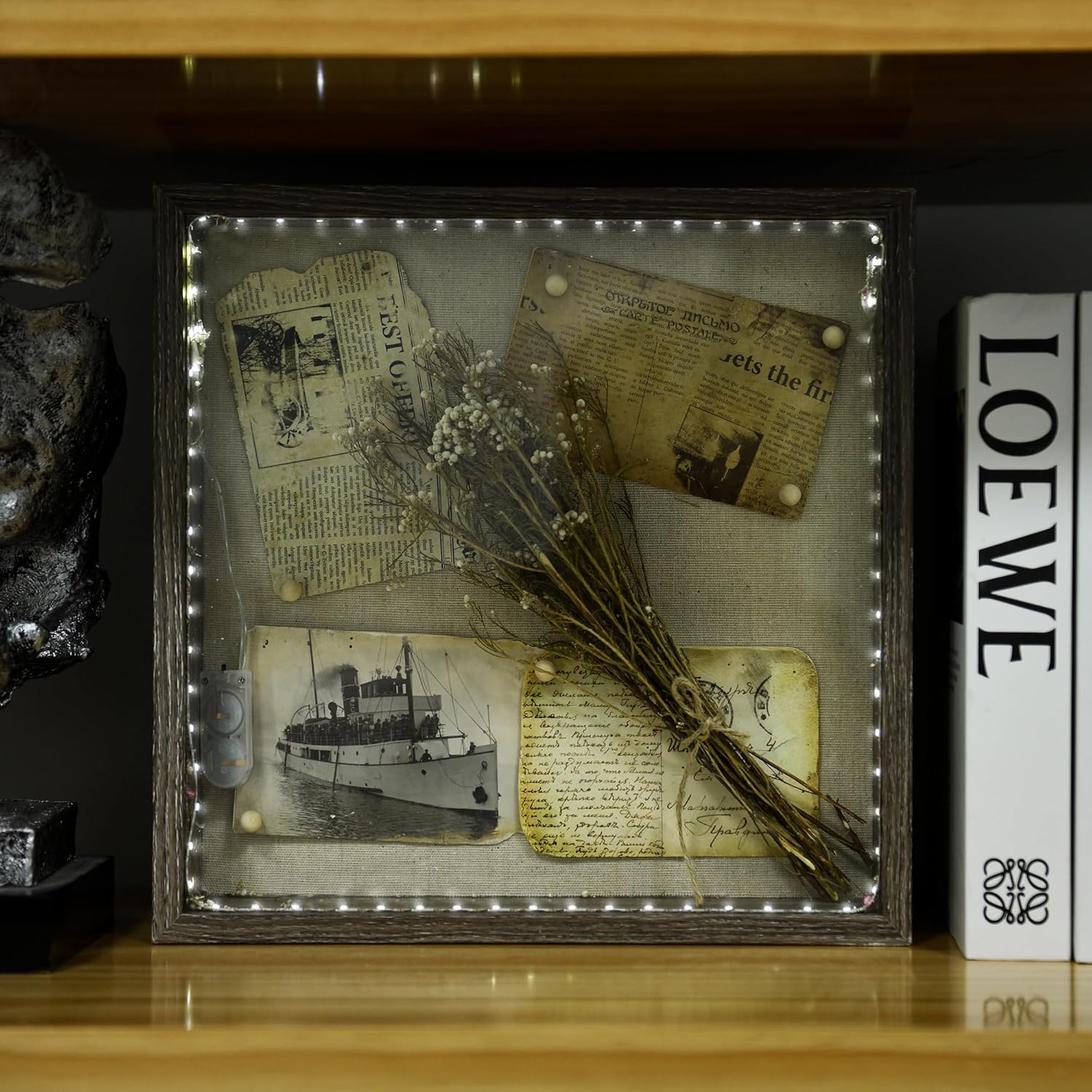 Caja de sombra profunda con vitrina colgante de luz, caja de memoria de madera, marco de fotos, caja de recuerdos para pared y mesa, boletos de