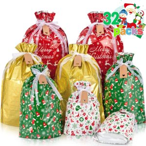 Tiblue Bolsas de regalo de Navidad con cordón  32 bolsas de Navidad con etiquetas, bolsas de regalo de vacaciones, varios tamaños para decoraciones Tiblue Bolsas de regalo de Navidad con cordón  32 bolsas de Navidad con etiquetas, bolsas de regalo de vacaciones, varios tamaños para decoraciones