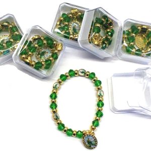 12 dijes de rosario con cuentas de San Judas con diamantes de imitación de color dorado y verde, pulsera de bautismo de plata transparente, 12 dijes de rosario con cuentas de San Judas con diamantes de imitación de color dorado y verde, pulsera de bautismo de plata transparente,