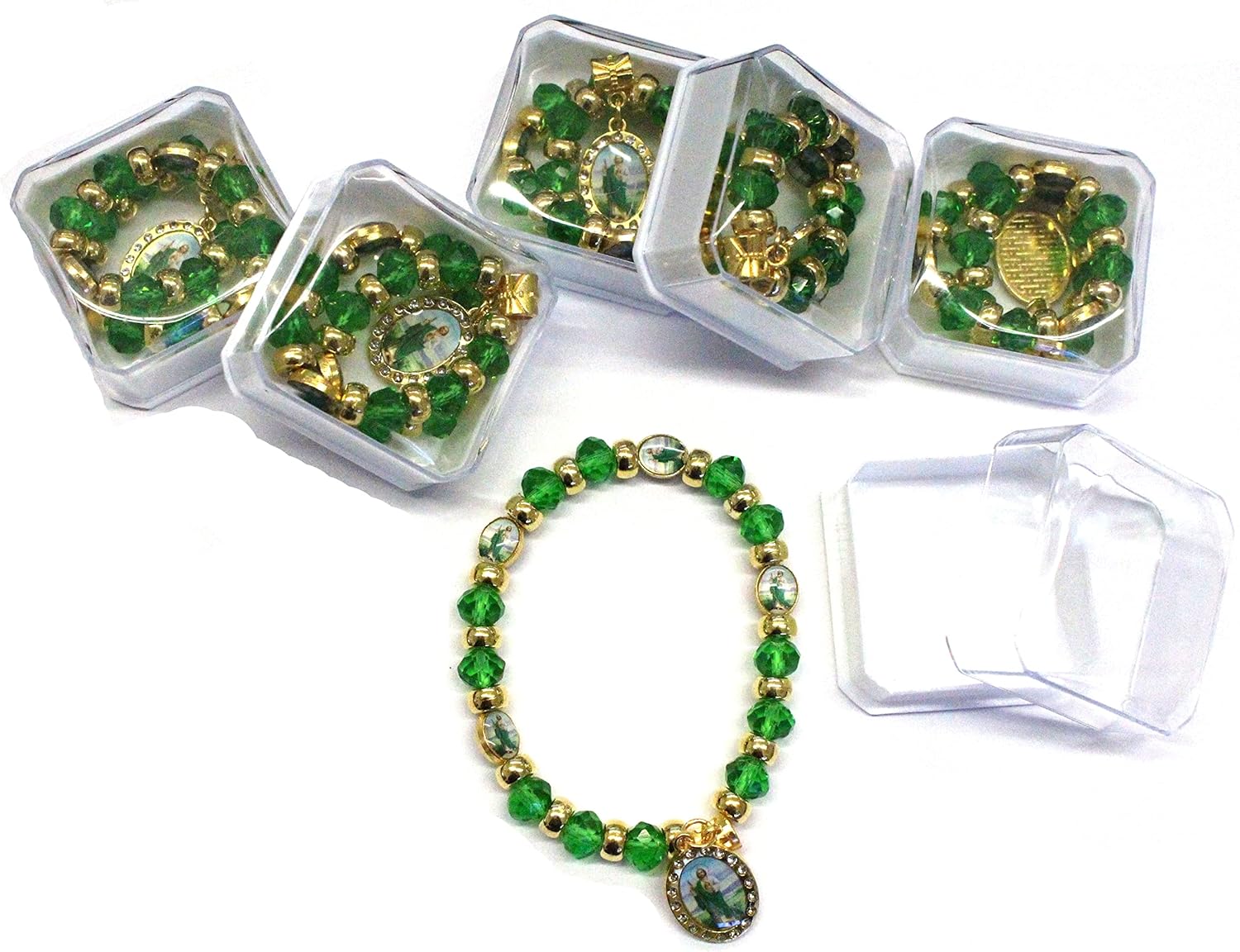 12 dijes de rosario con cuentas de San Judas con diamantes de imitación de color dorado y verde, pulsera de bautismo de plata transparente,