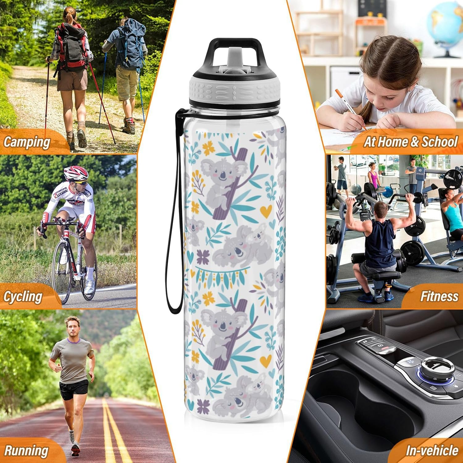 Botella de agua deportiva de 32 onzas con diseño de osos koala y flores, a prueba de fugas, con tapa de pajilla, reutilizable, transparente, sin