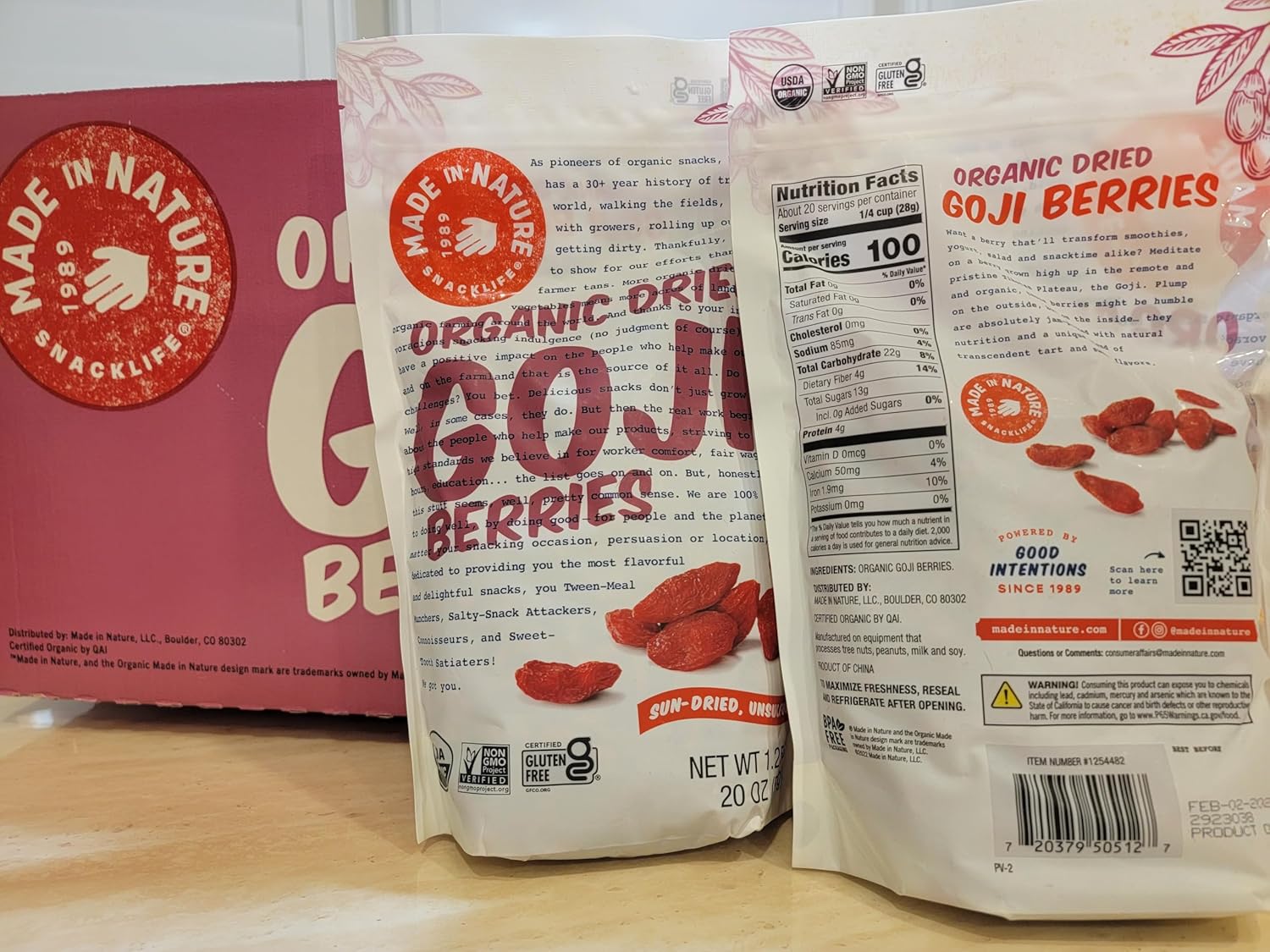 Made in Nature – Bayas GOJI orgánicas secadas al sol sin sulfatar, 20 onzas, 20.00 oz (dos bolsas)