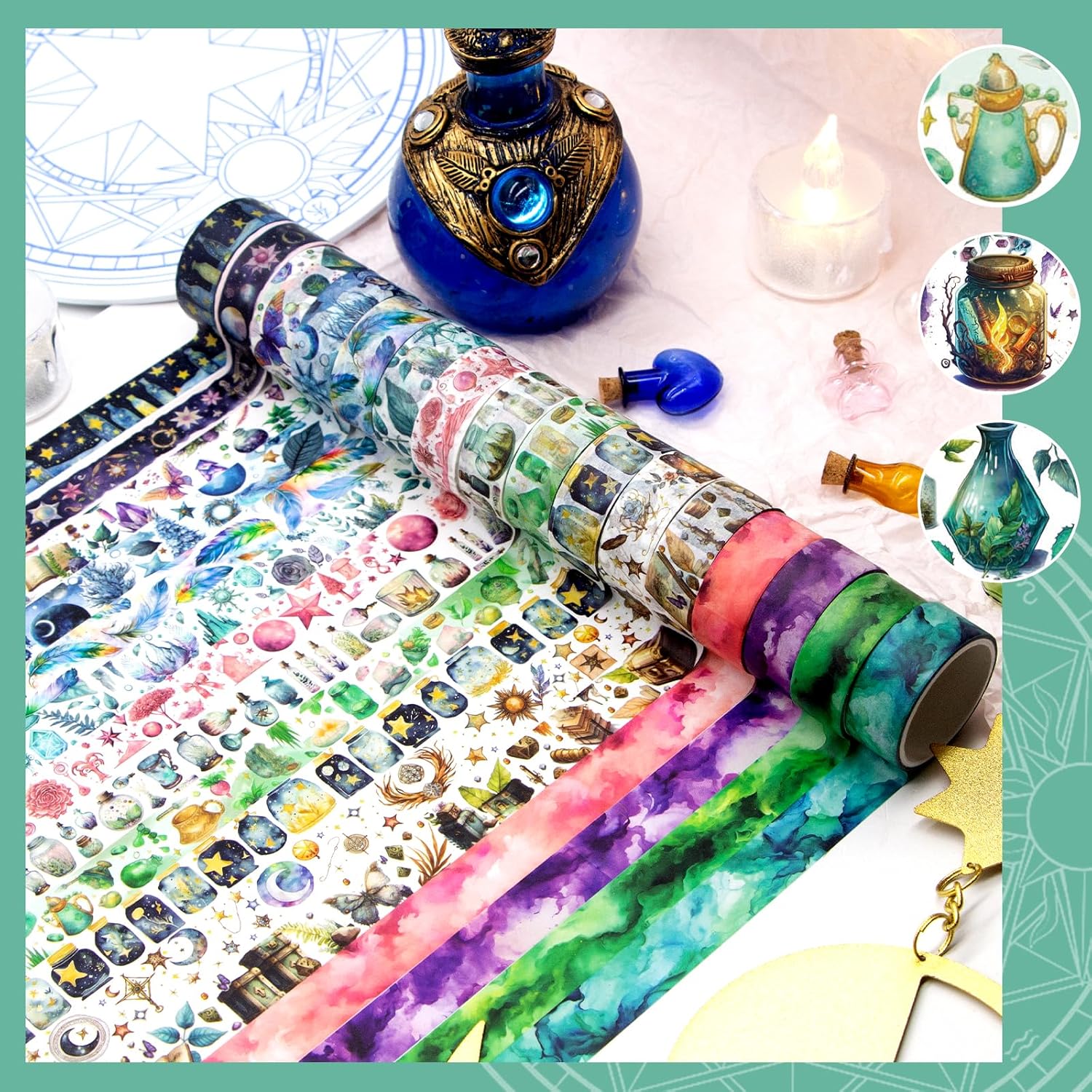 Washi – Juego de 23 rollos de cinta de recortes con temática mágica y de hadas para juego de diario de viñetas, cinta adhesiva de colores para