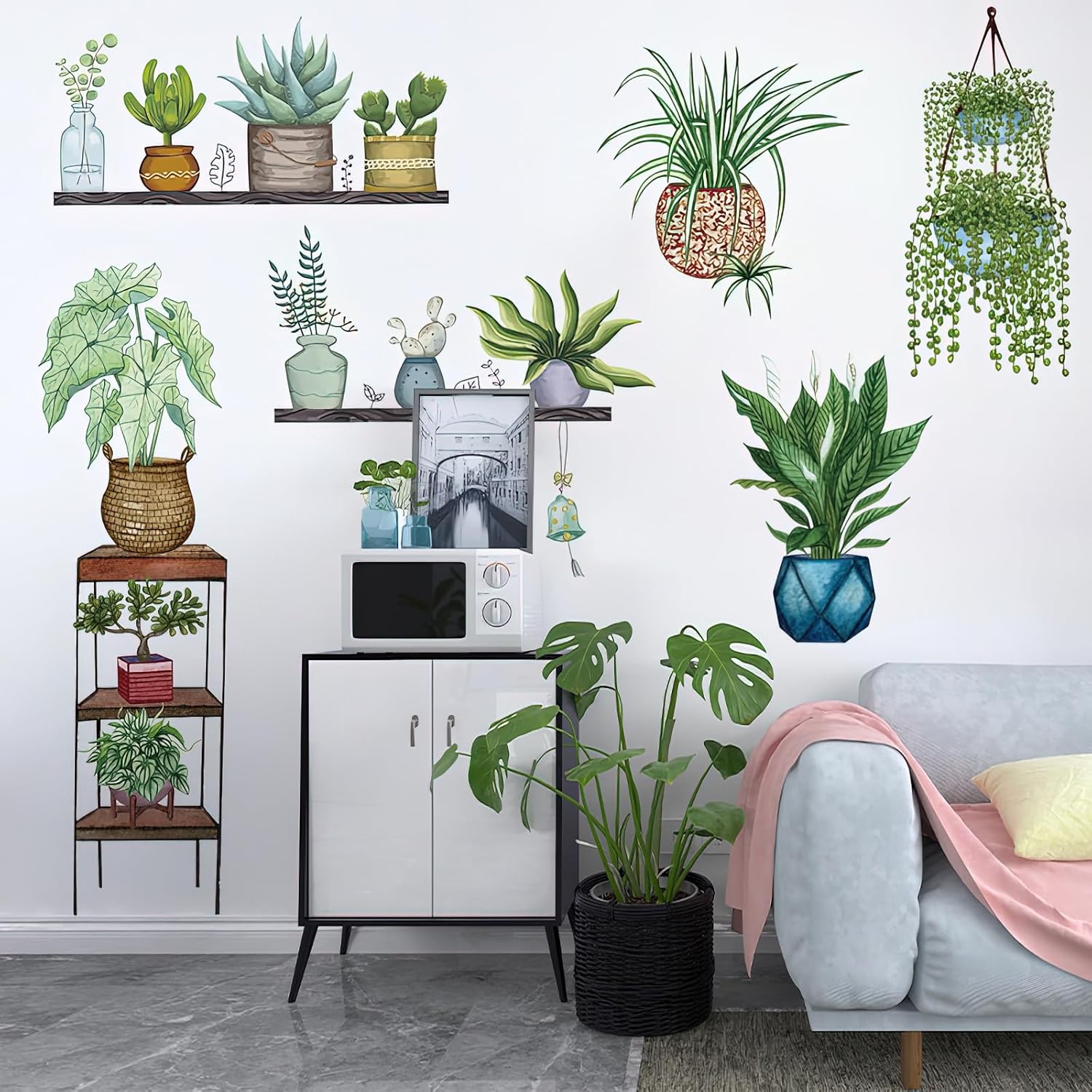 Calcomanías de pared de plantas verdes en maceta, plantas tropicales, hojas verdes, calcomanías de pared, papel tapiz de vinilo natural, para sala