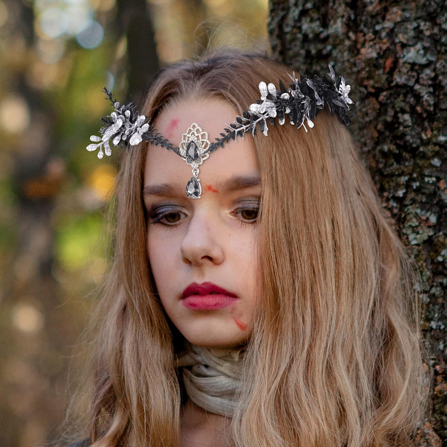 MOSTORY Diadema hecha a mano con corona de hada negra, diseño floral de elfo, accesorio de círculo elfo, para mujeres y niñas, renacentista, fiesta