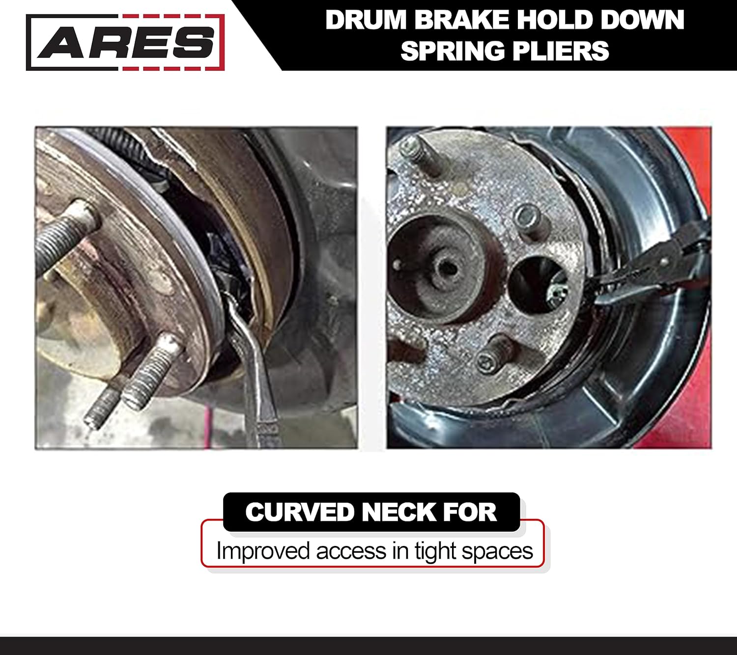 ARES 18022 – Alicates de resorte de retención de freno de tambor – Diseño de cabeza integral de alta resistencia – Cuello curvado para un fácil