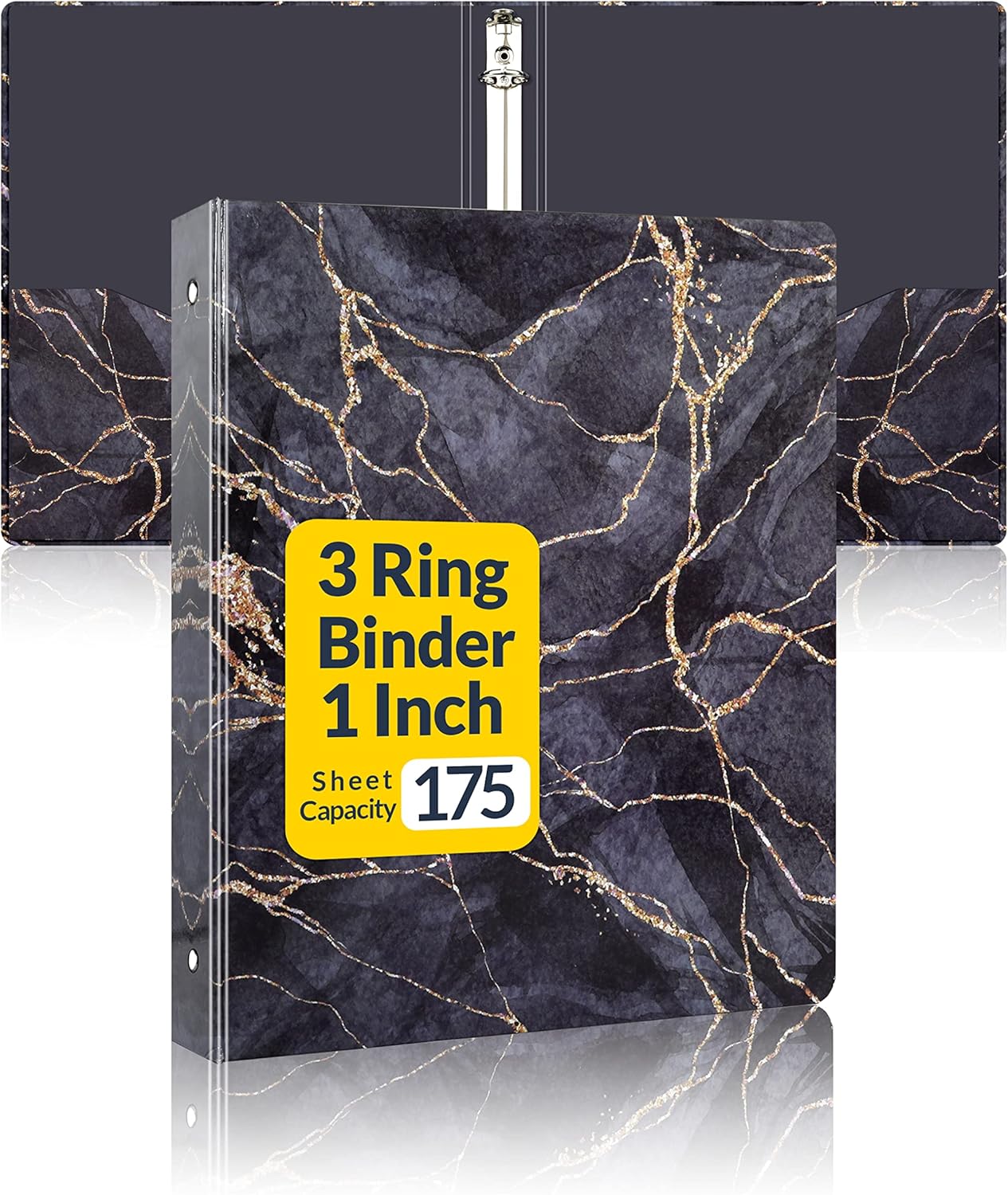 SUNEE – Carpeta de 3 anillos de 1 pulgada, bonita carpeta con 2 bolsillos, carpeta decorativa de tres anillos de mármol negro resistente (se ajusta