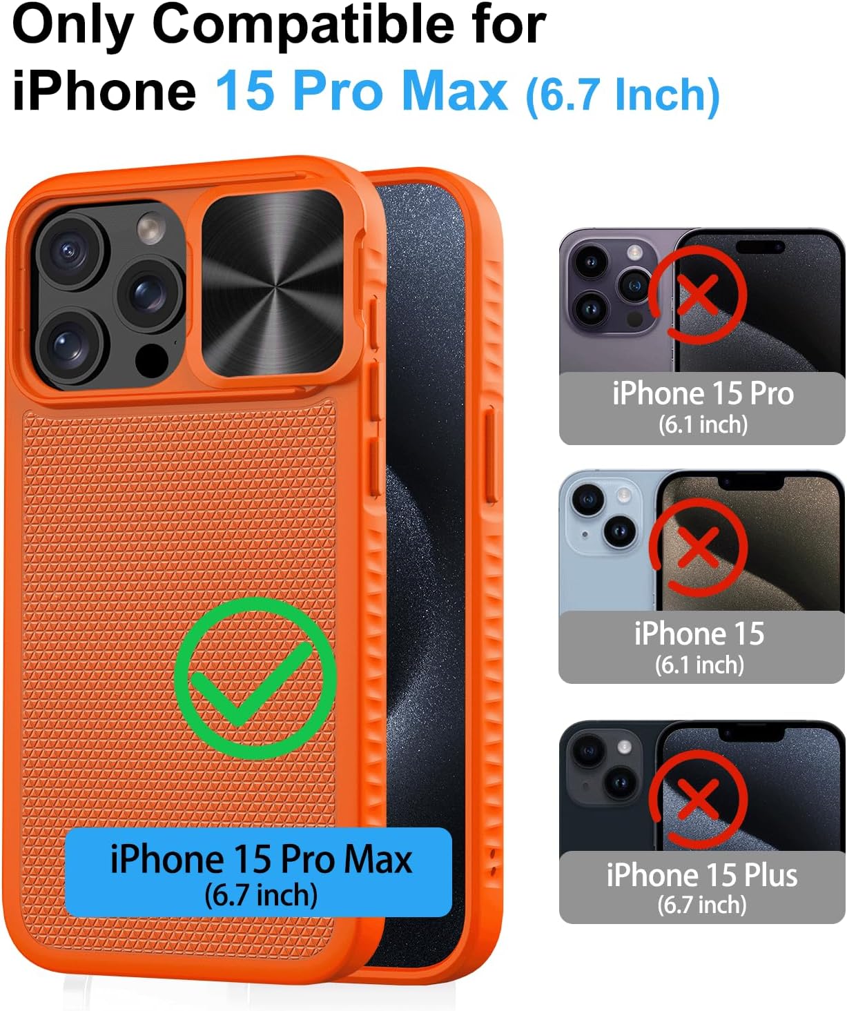 SIXBOX Funda delgada mejorada para iPhone 15 Pro Max, cubierta deslizante integrada para cámara y borde de parachoques de TPU, funda rígida de