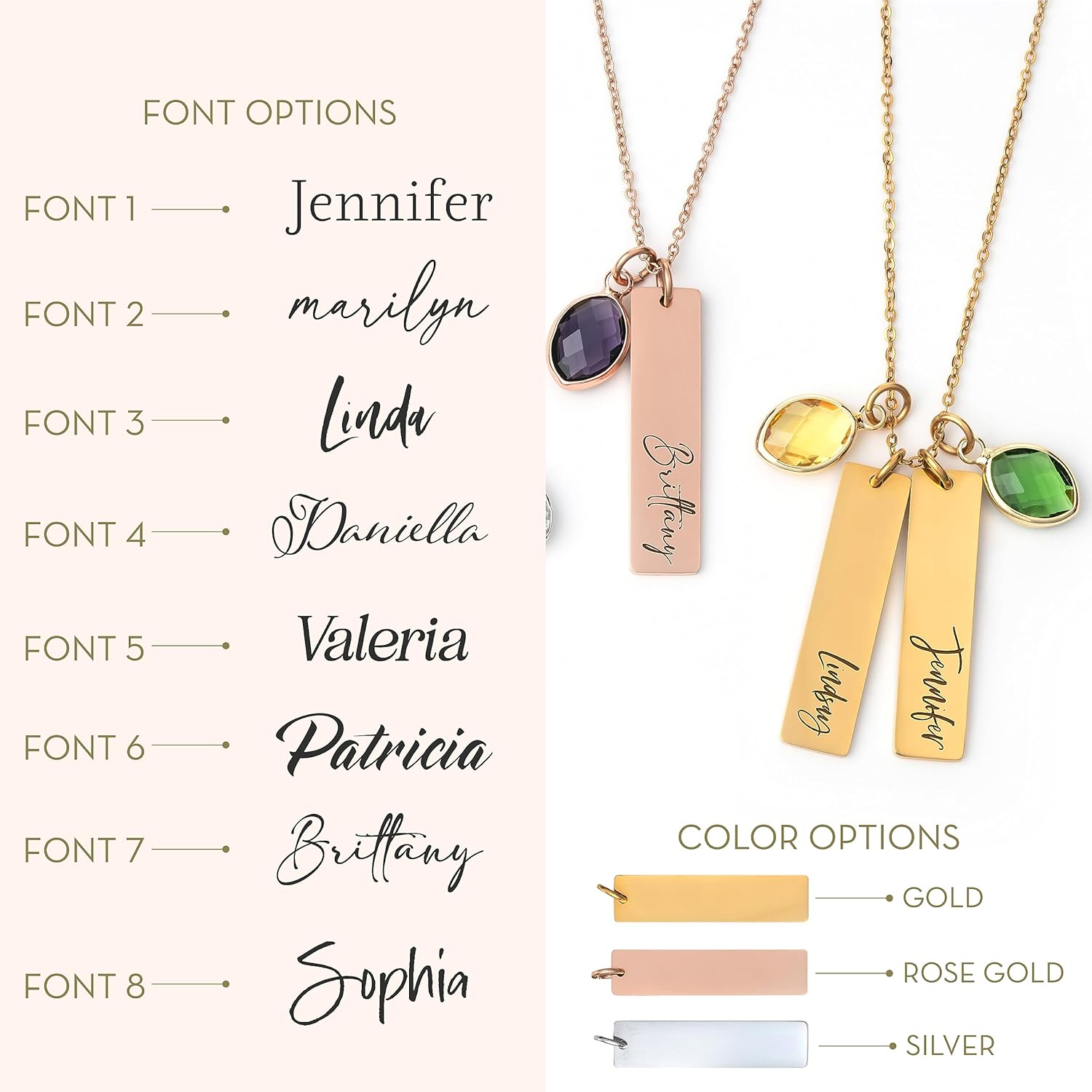Personalized Name Necklace with Name and Birthstone, Custom Three Rectangular Pendants with Name and Birthstone, Birthday Gifts for Women, Mom,