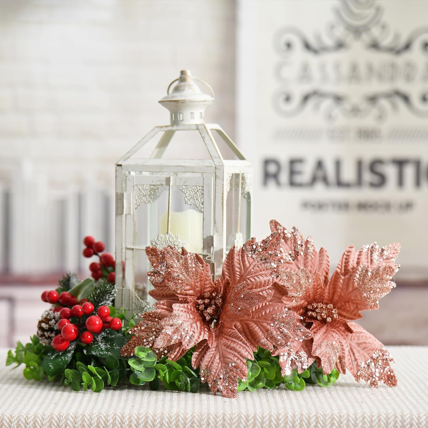 YSZL Juego de 10 palitos de flores artificiales de Navidad grandes con purpurina para decoración del árbol de Navidad, guirnalda de corona de Año