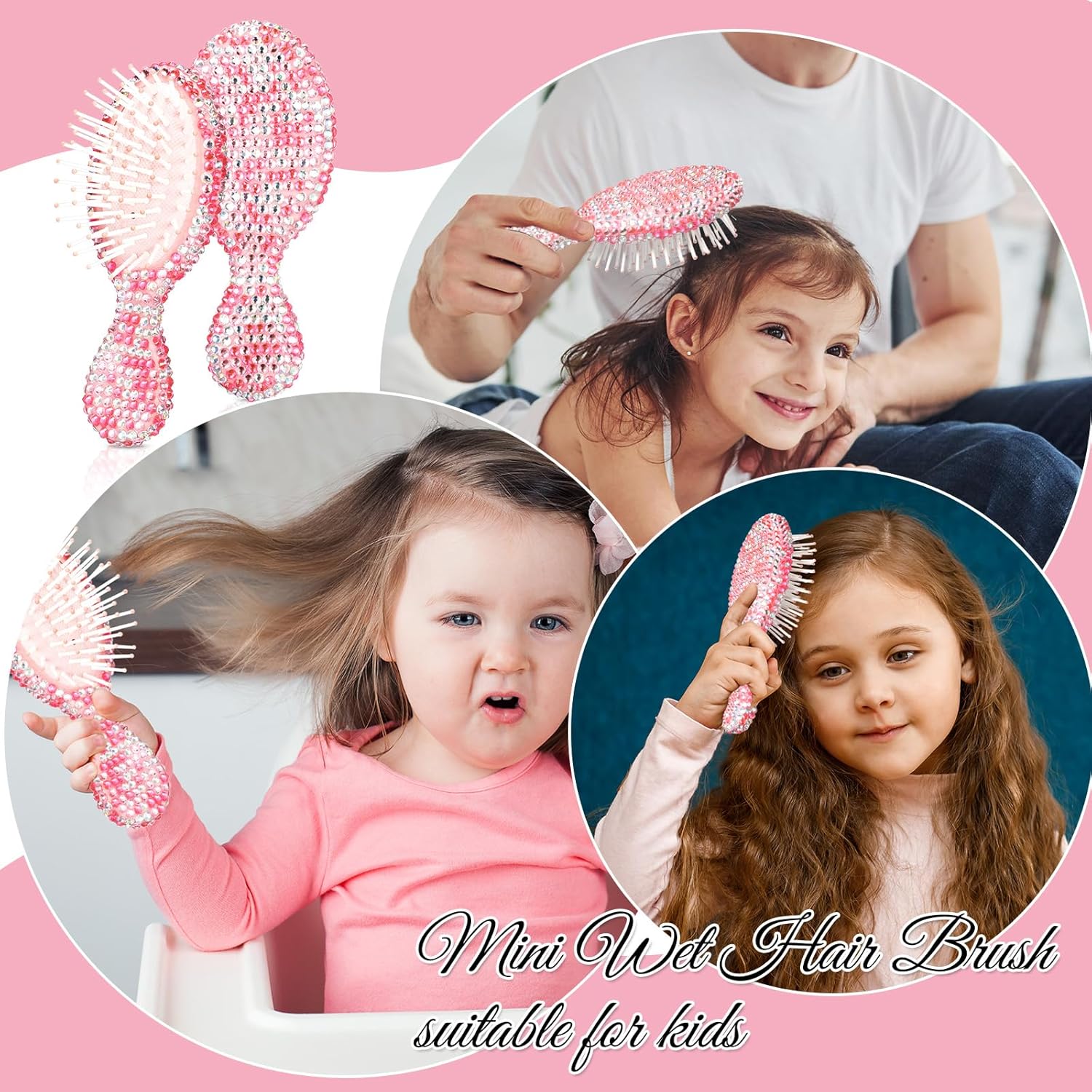 Thyle Juego de 4 piezas de espejo de mano con diamantes de imitación y cepillo para el cabello, 2 bonitos espejos en forma de corazón, 2 cepillos de