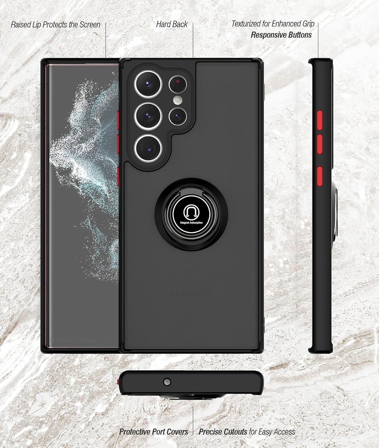 Funda para Samsung Galaxy S23 Ultra con 1 protector de pantalla, funda de silicona magnética para automóvil, soporte de anillo a prueba de golpes