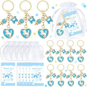12 juegos de llaveros de unicornio azul, regalos con ropa de bebé, bolsas de organza blanca y etiquetas de agradecimiento para decoración de “It’s a 12 juegos de llaveros de unicornio azul, regalos con ropa de bebé, bolsas de organza blanca y etiquetas de agradecimiento para decoración de “It’s a