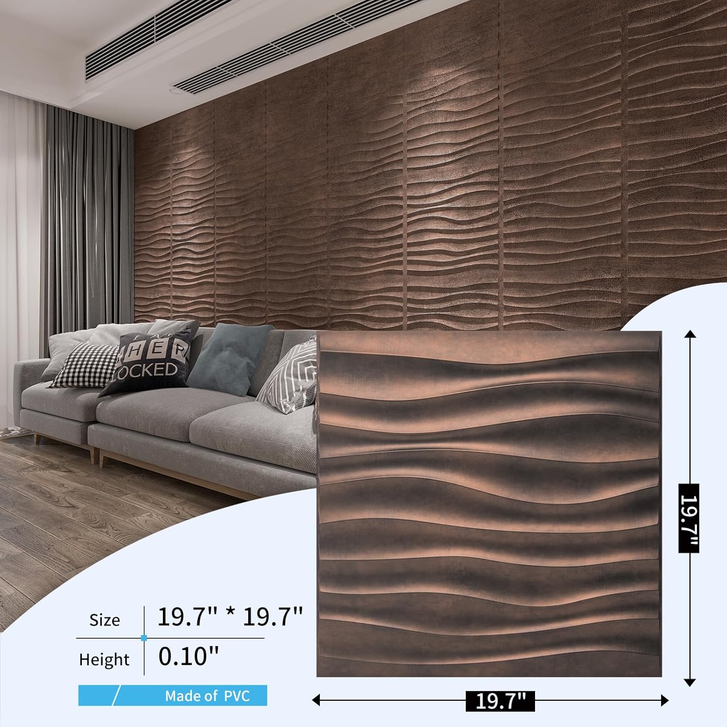Art3d Paneles ondulados de PVC para decoración de paredes interiores, azulejos de pared 3D texturizados de cobre antiguo, 19.7 x 19.7 pulgadas